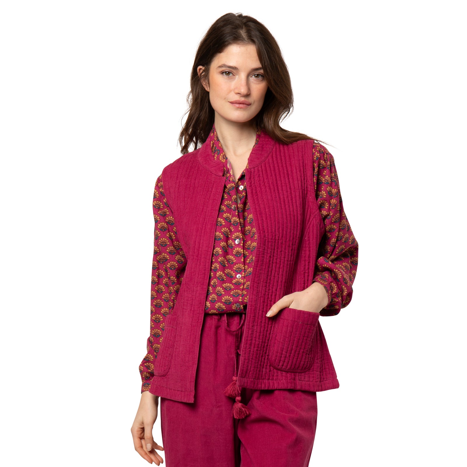 Gilet Nehru, velours 100% Coton - Rose