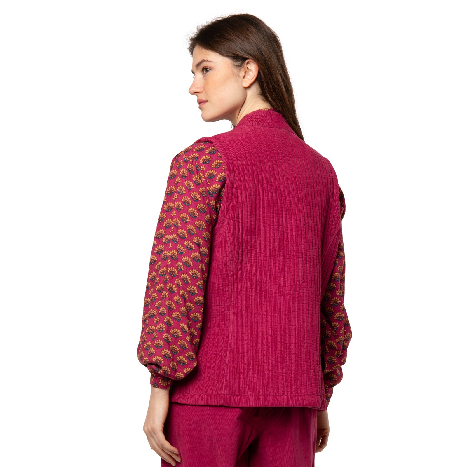 Gilet Nehru, velours 100% Coton - Rose