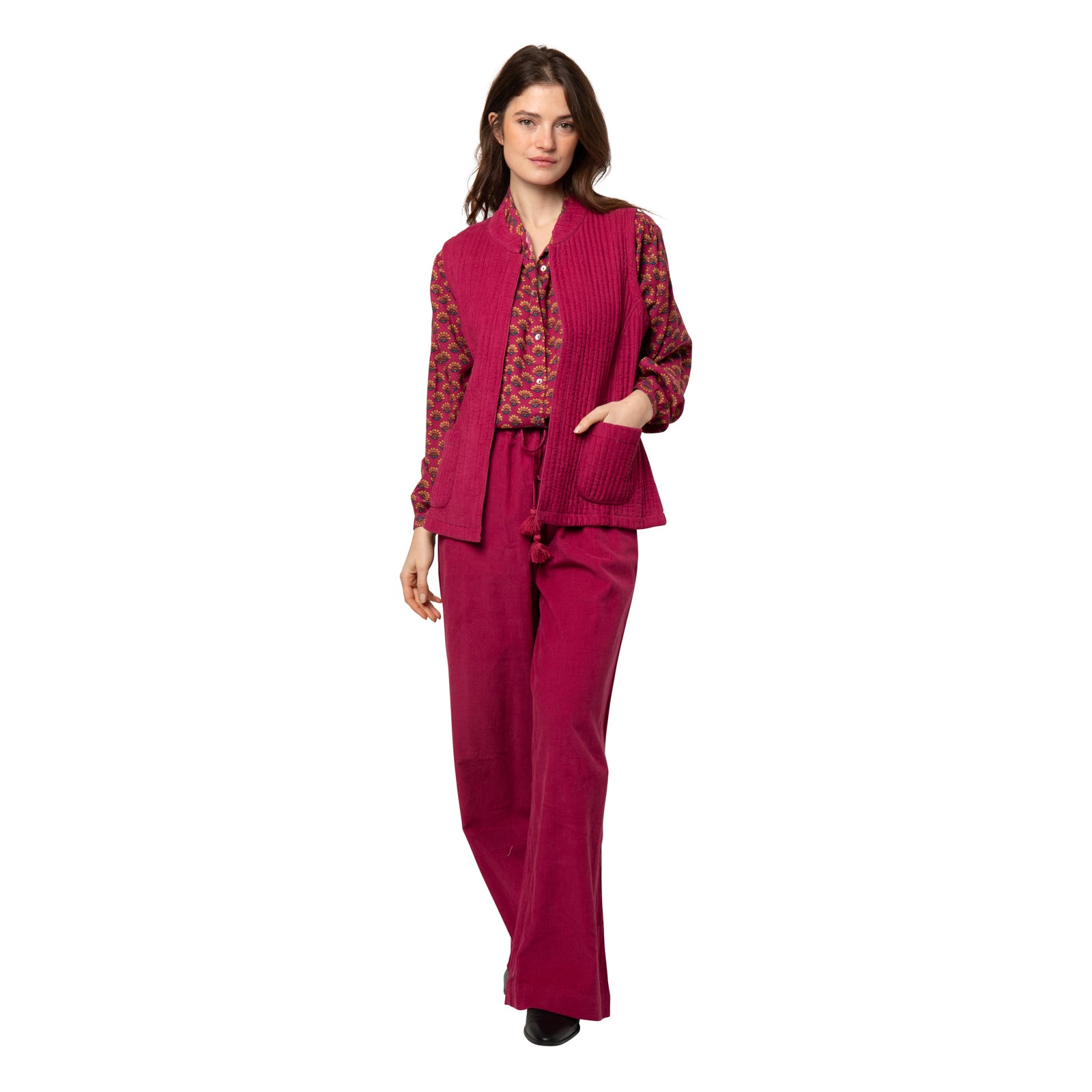 Gilet Nehru, velours 100% Coton - Rose