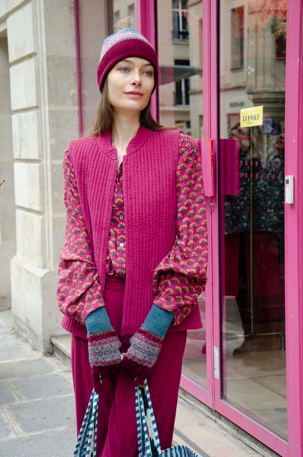 Gilet Nehru, velours 100% Coton - Rose