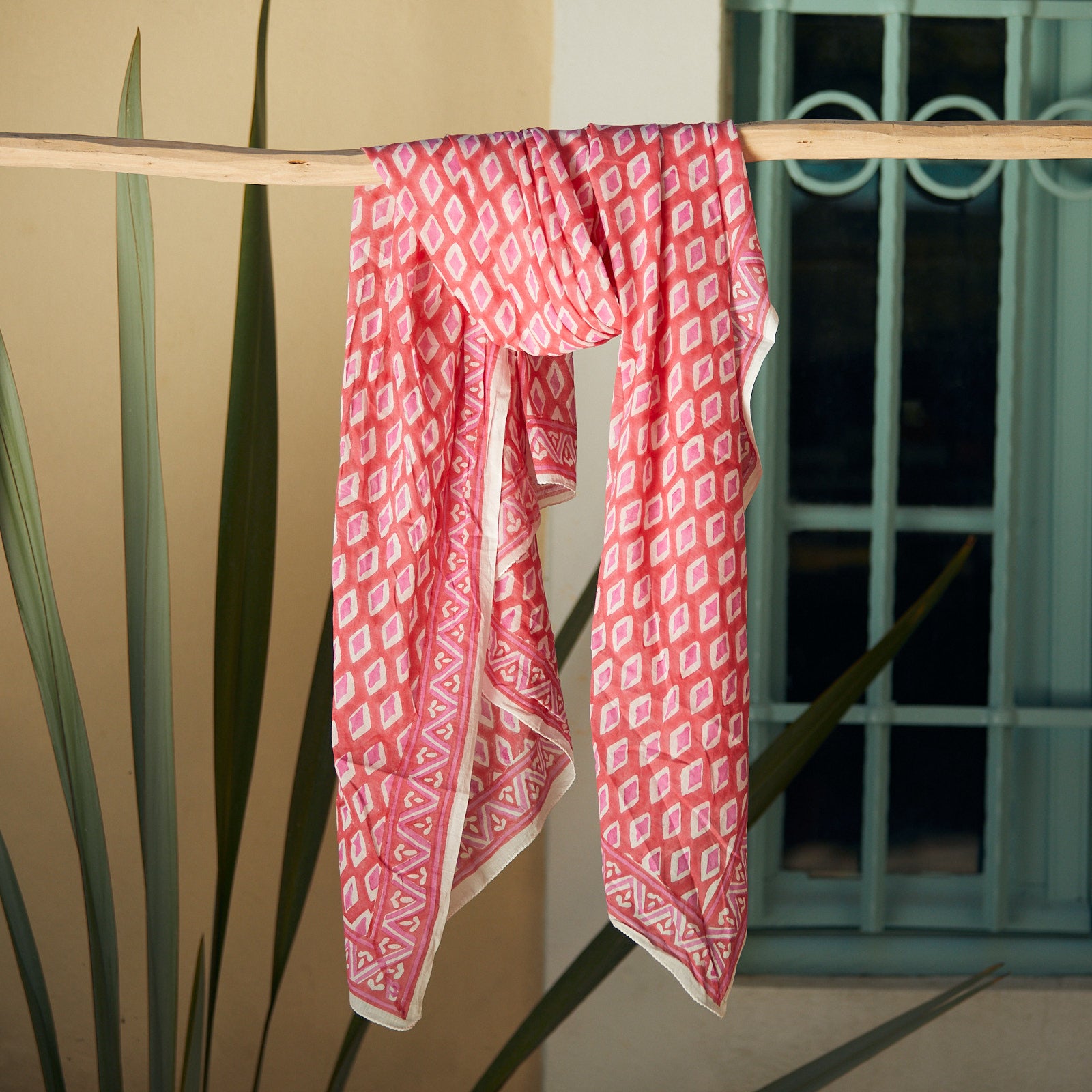 Large Scarf / Sarong La Baume Organic Coton - Blockprint - Pink PINK