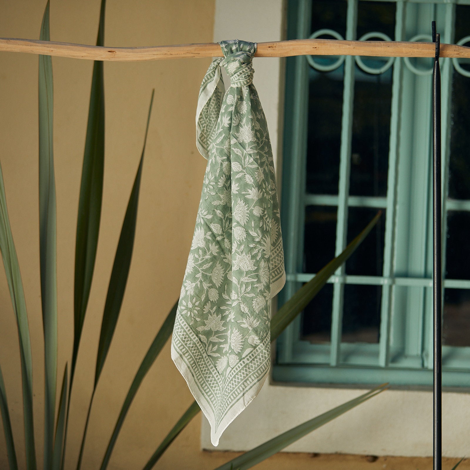 Square Scarf Portissol Organic Coton - Blockprint - Green GREEN