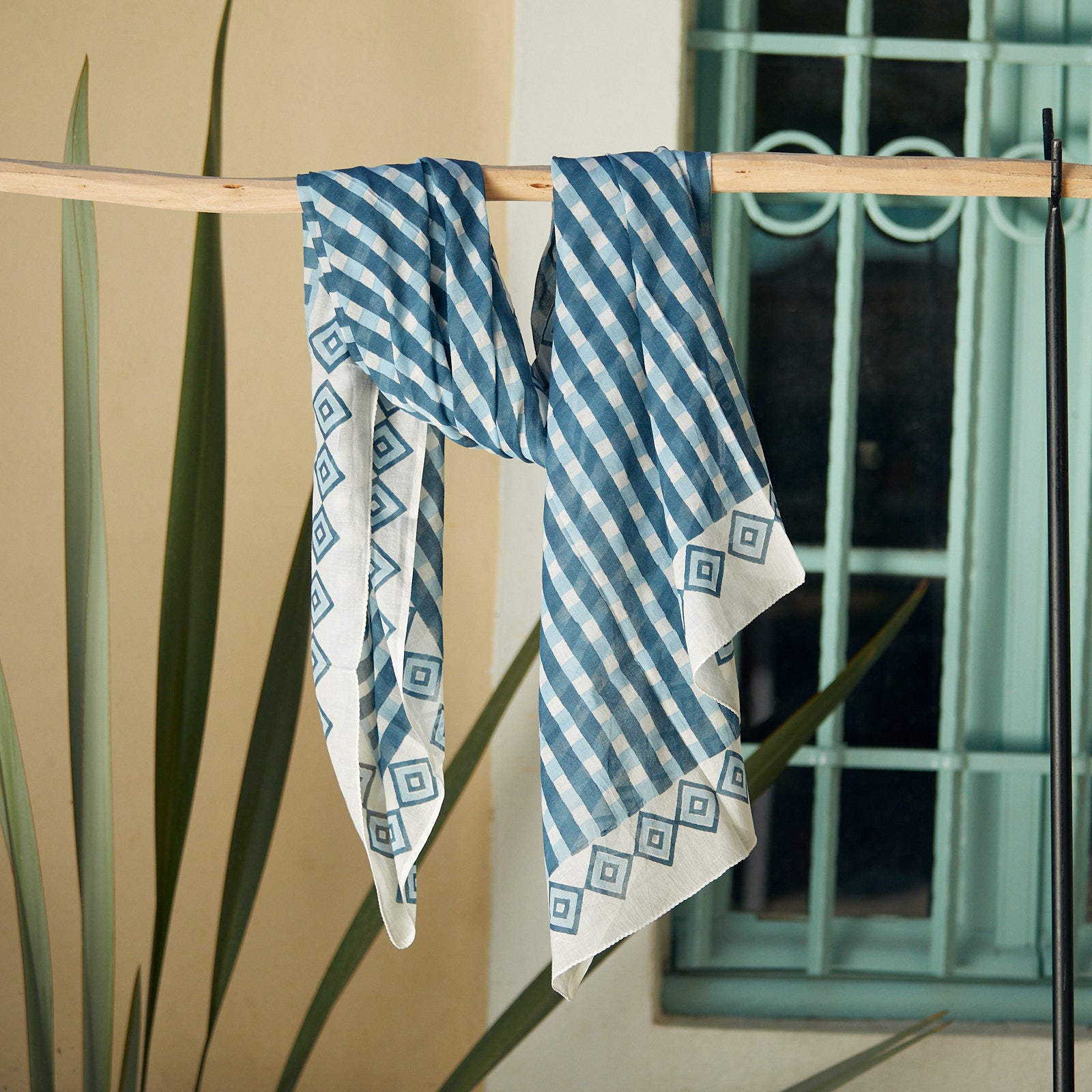 Large Scarf / Sarong Prado 100% Coton - Blockprint - Blue BLUE