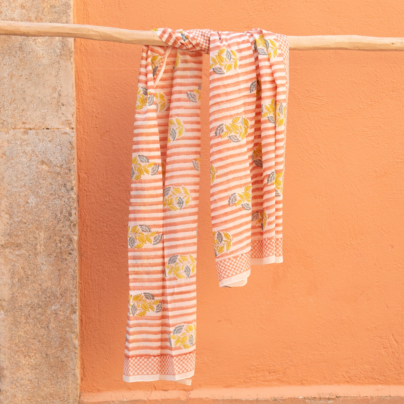 Large Scarf / Sarong Beaulieu Organic Coton - Blockprint - Peach PEACH