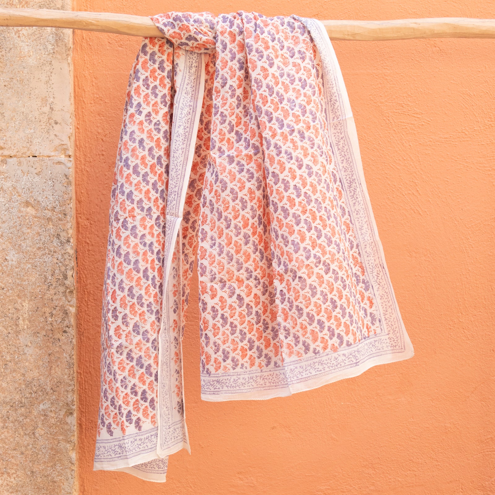 Large Scarf / Sarong Garrigue Organic Coton - Blockprint - Lilac Orange LILAC ORANGE