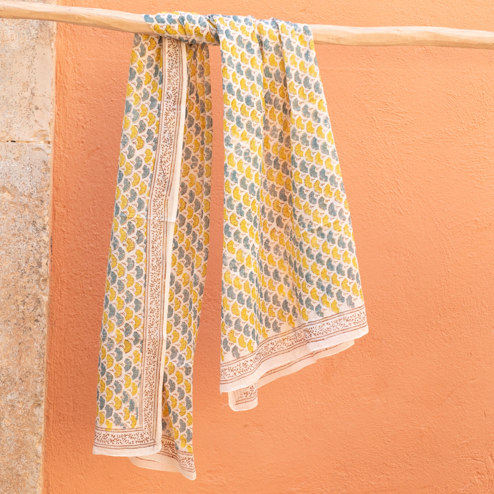 Large Scarf / Sarong Garrigue Organic Coton - Blockprint - Lime Blue LIME BLUE