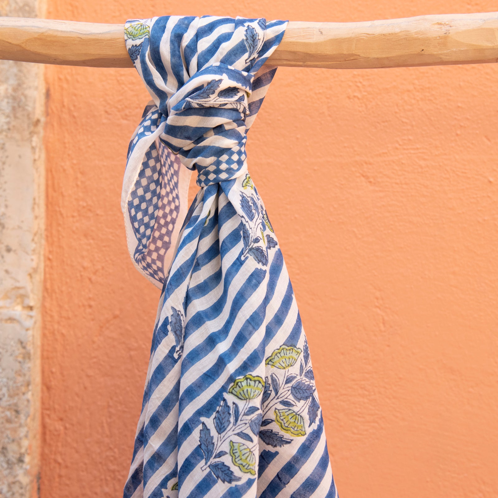 Square Scarf Beaulieu Organic Coton - Blockprint - Blue BLUE