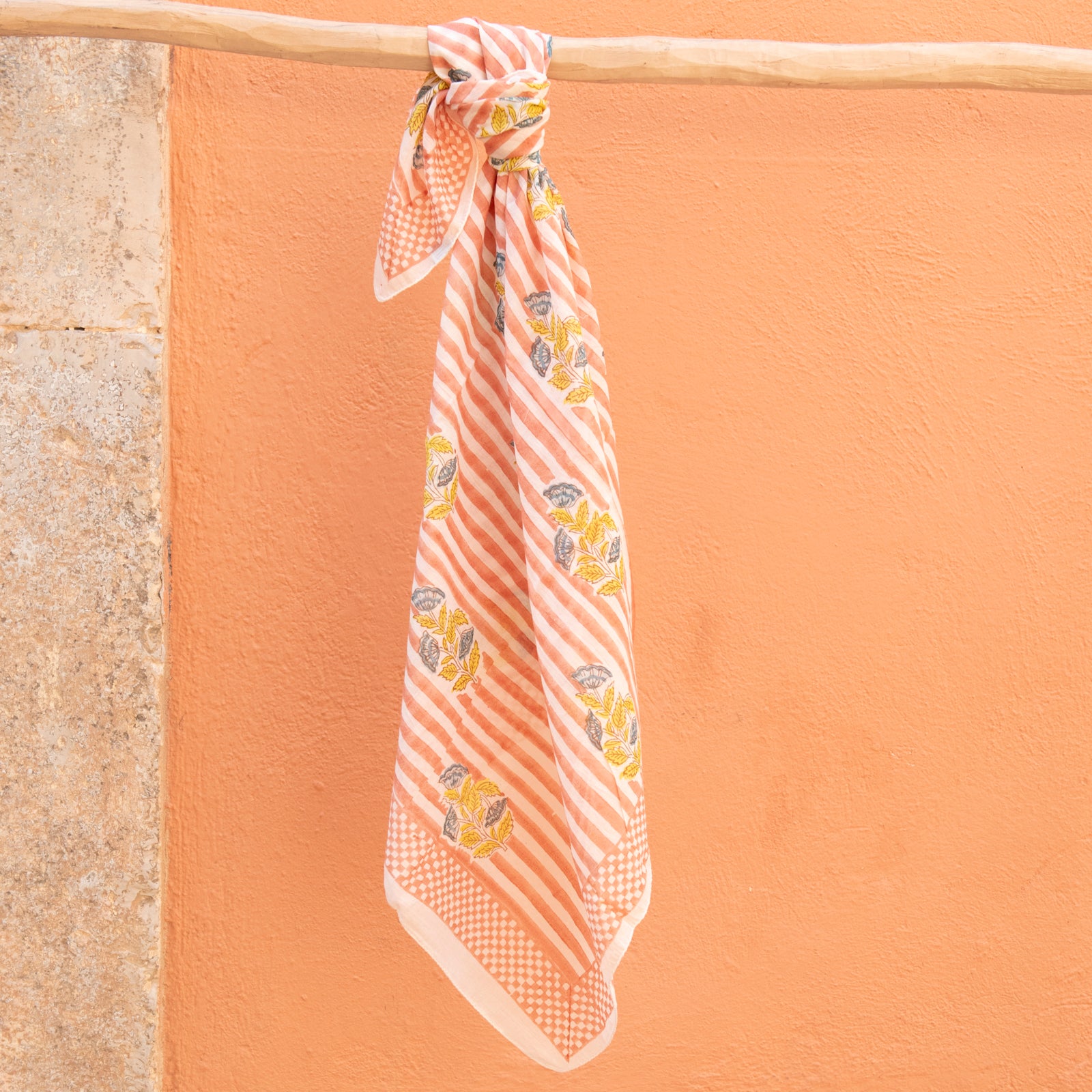 Square Scarf Beaulieu Organic Coton - Blockprint - Peach PEACH