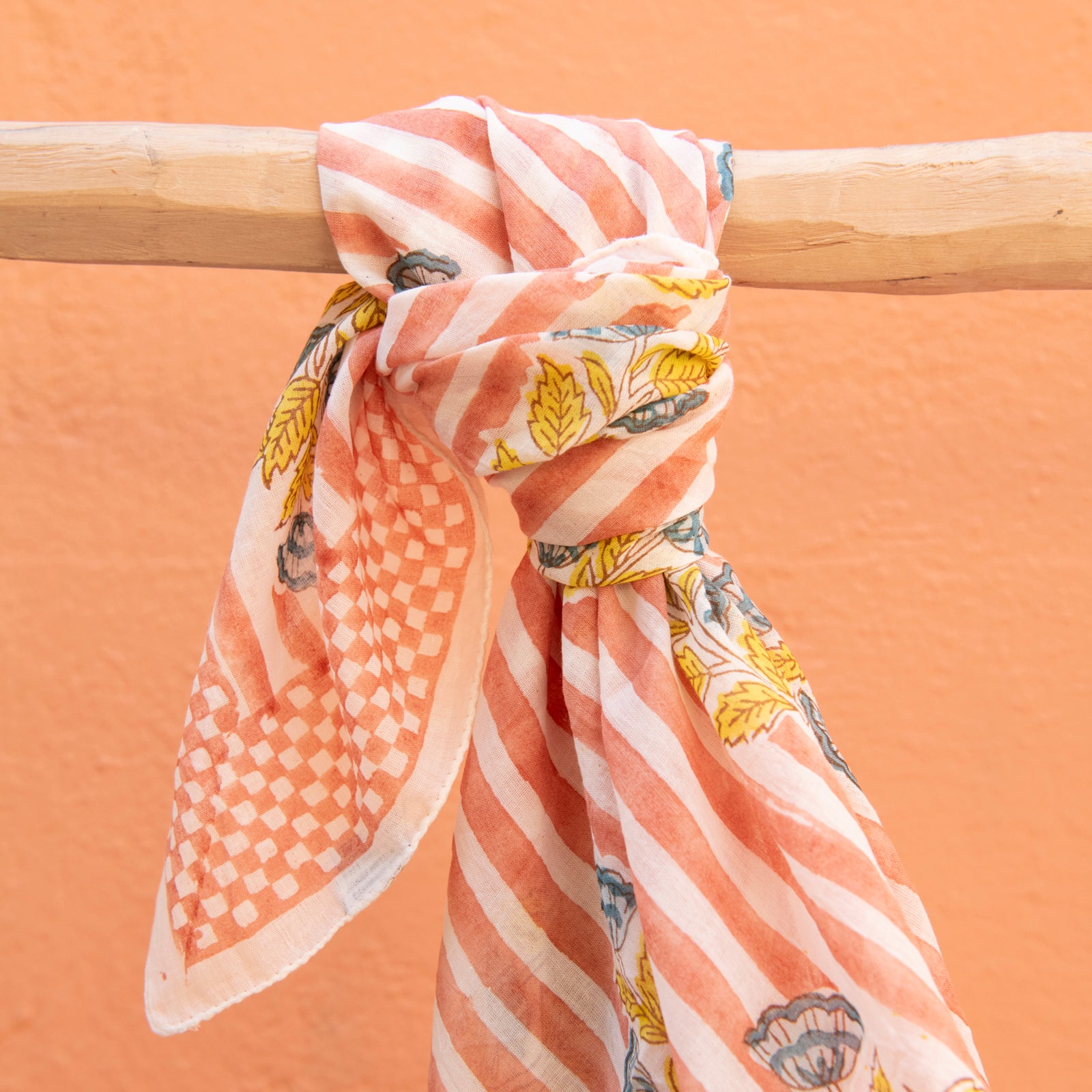 Square Scarf Beaulieu Organic Coton - Blockprint - Peach PEACH