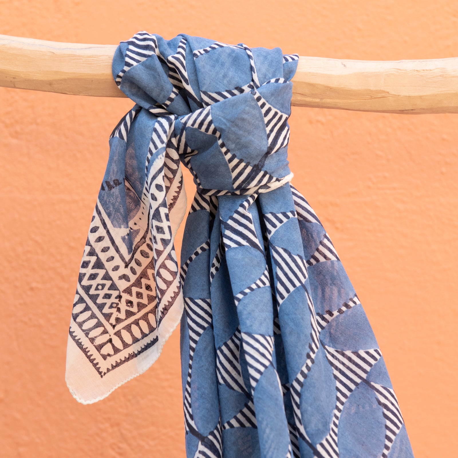 Square Scarf Cap Estel Organic Coton - Blockprint - Blue BLUE