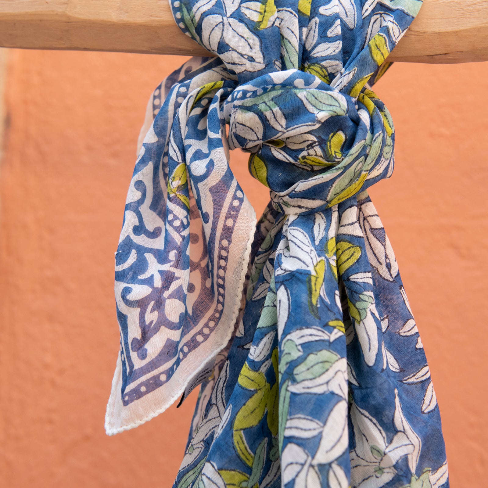 Square Scarf Figuieres Organic Coton - Blockprint - Blue BLUE