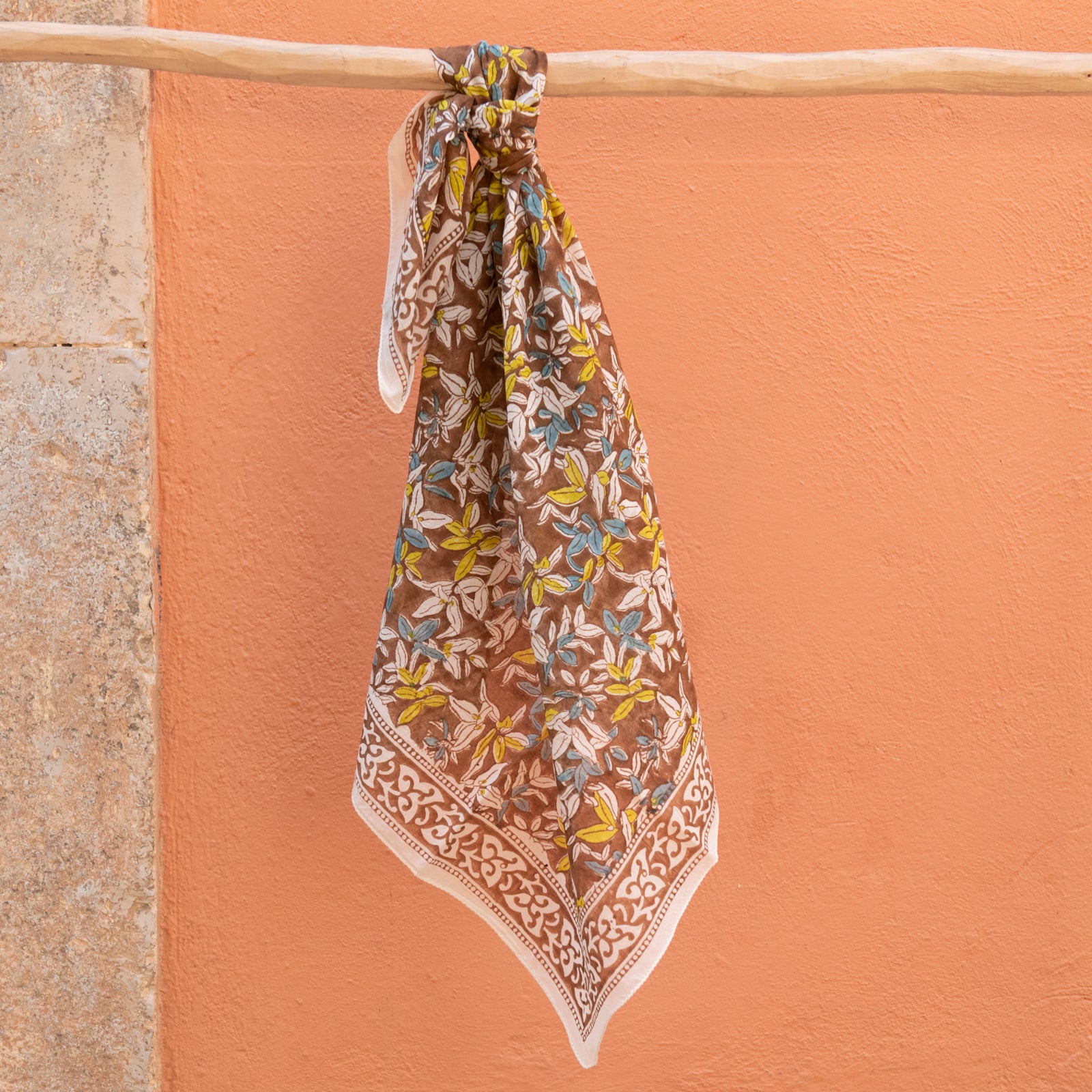 Square Scarf Figuieres Organic Coton - Blockprint - Brown BROWN