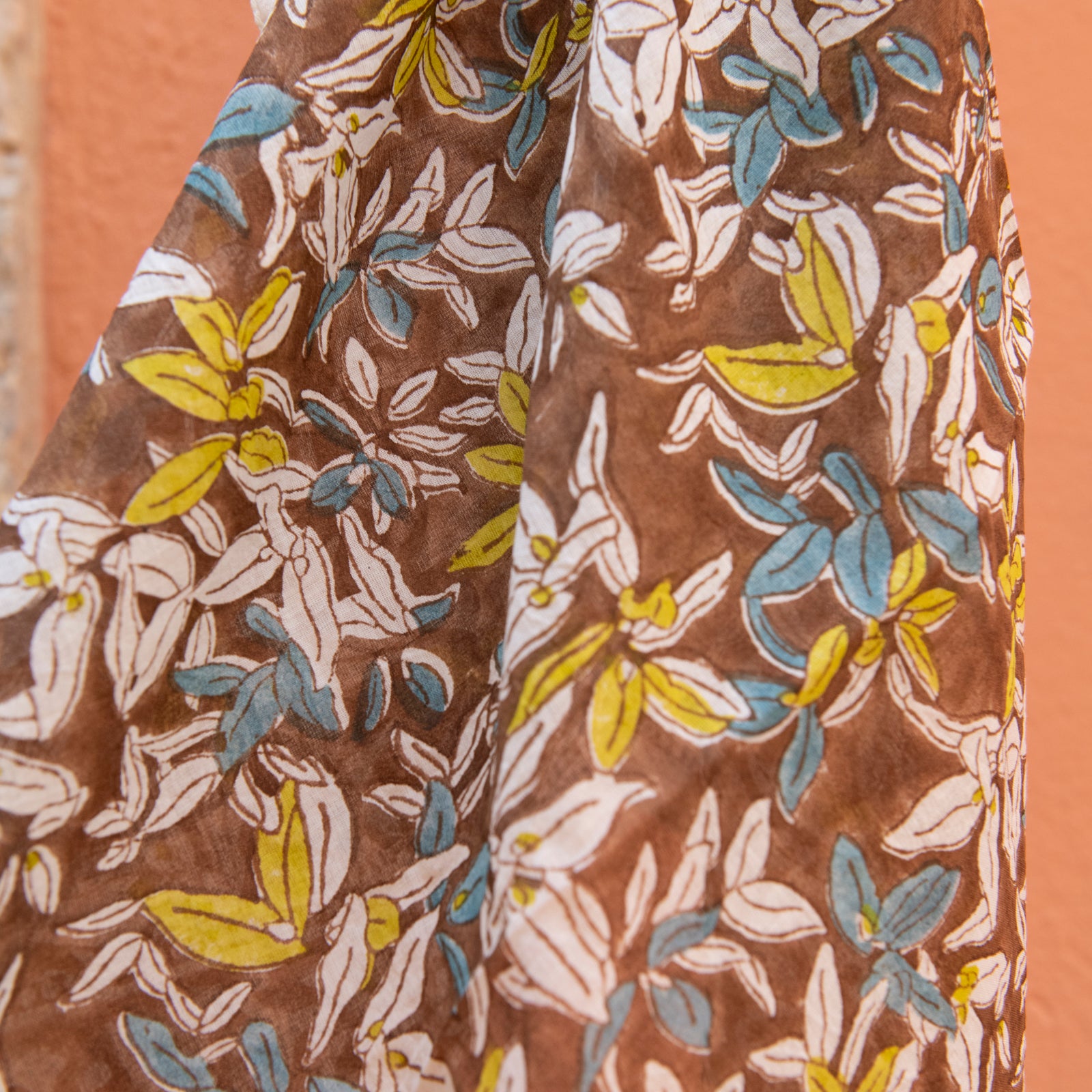 Square Scarf Figuieres Organic Coton - Blockprint - Brown BROWN