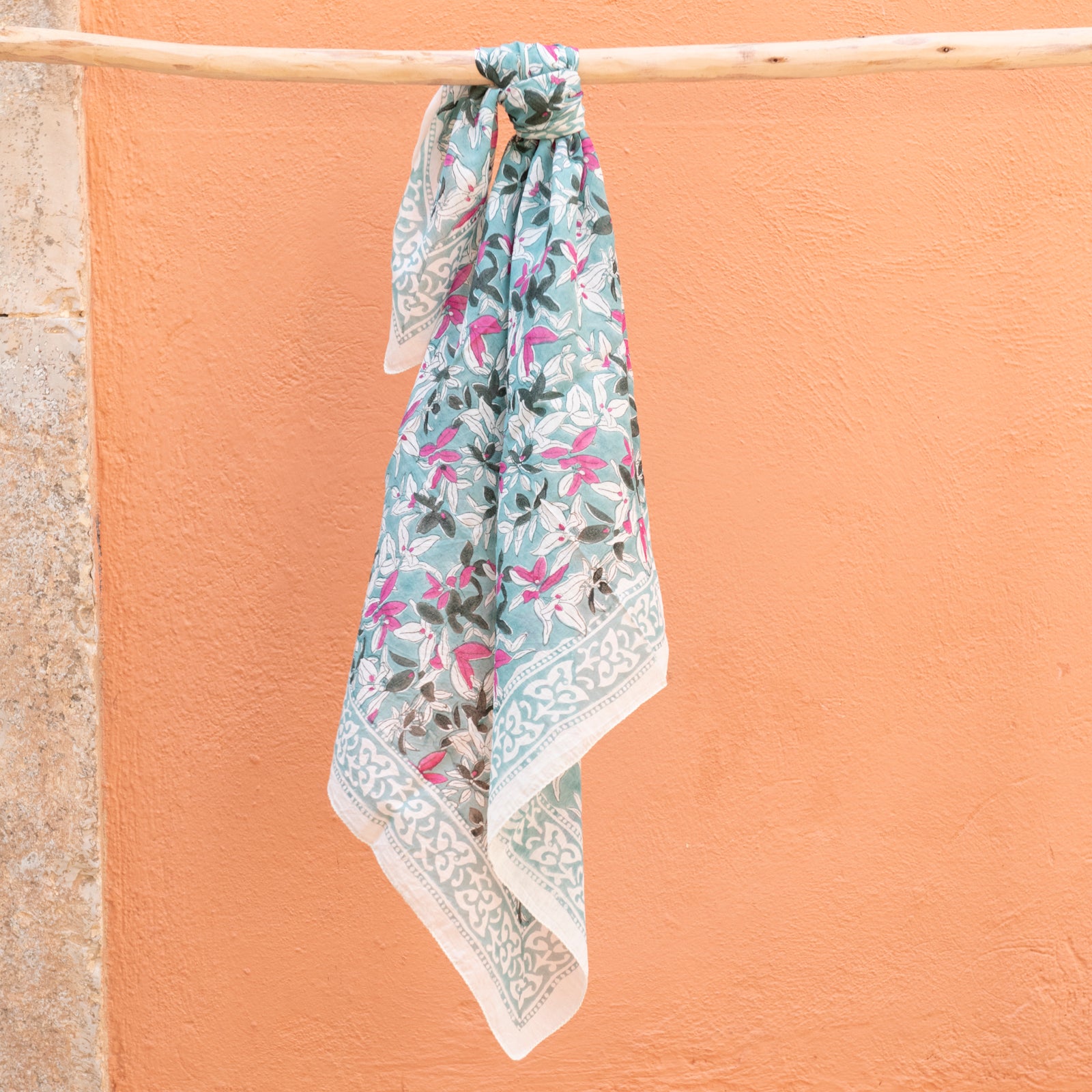 Square Scarf Figuieres Organic Coton - Blockprint - Green GREEN