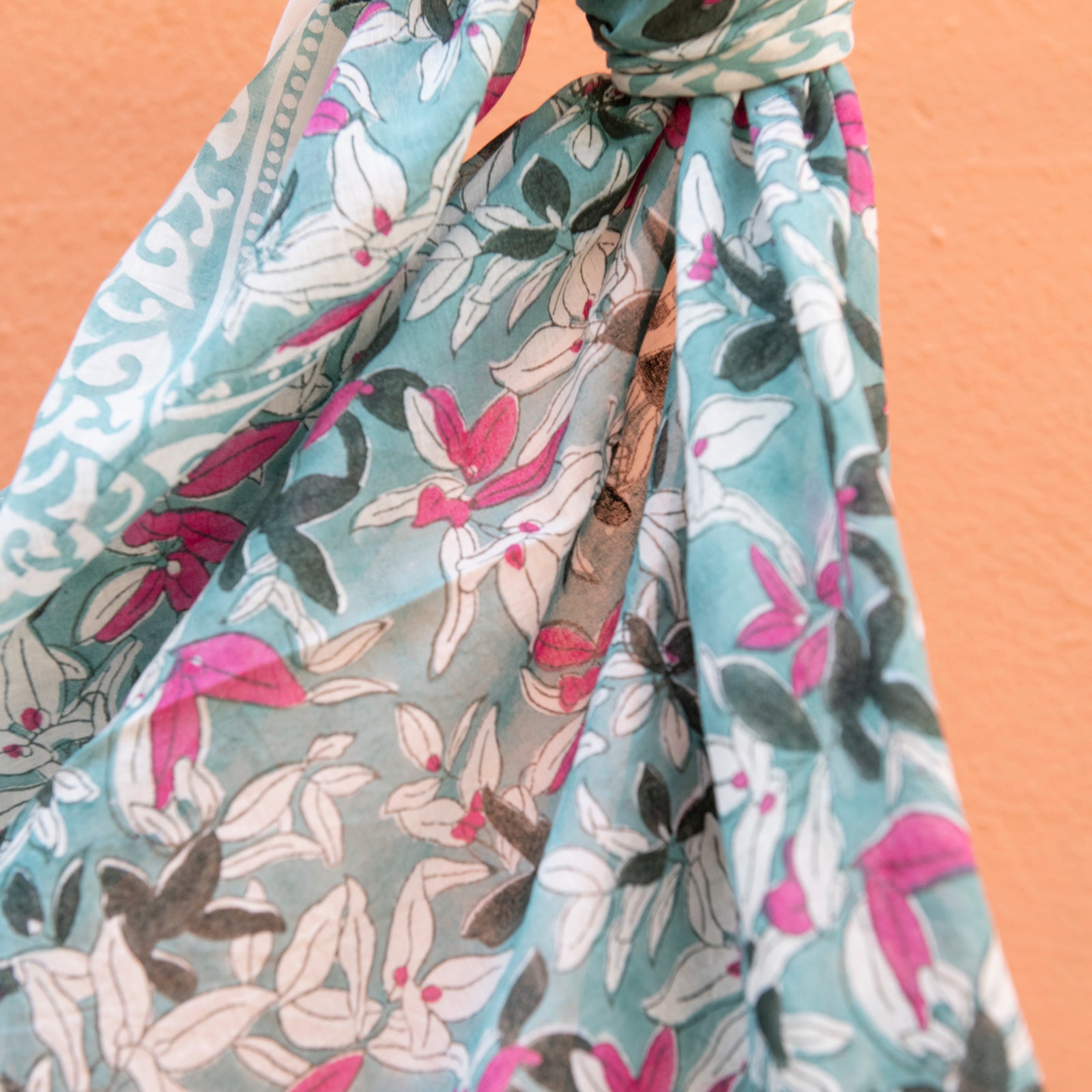 Square Scarf Figuieres Organic Coton - Blockprint - Green GREEN