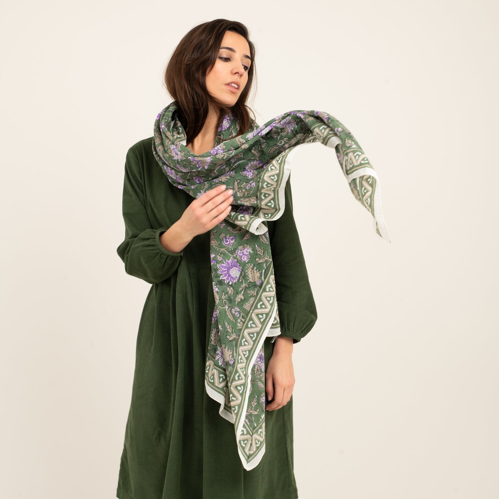 Large Scarf Tara Organic Coton - Blockprint - Green GREEN