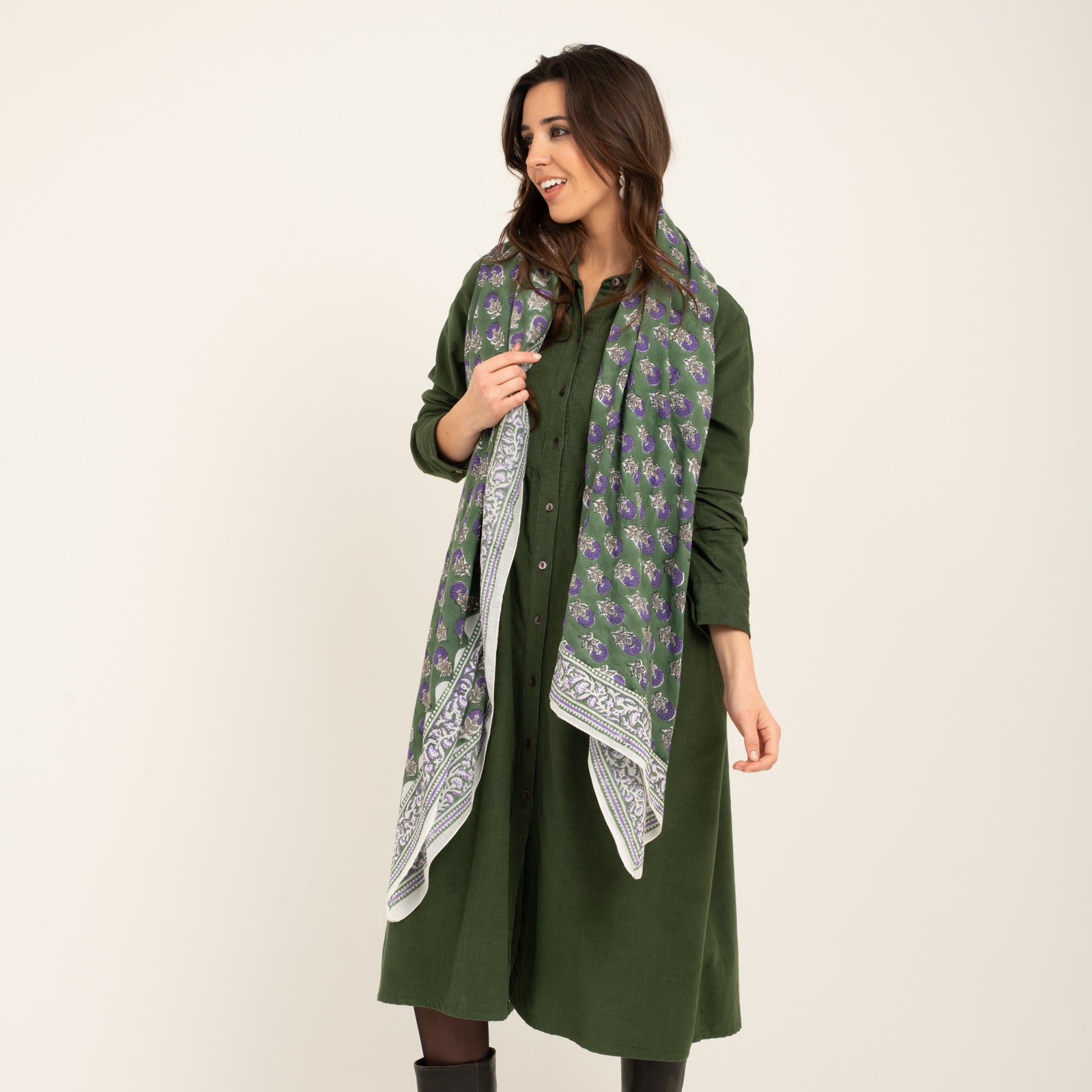 Large Scarf Sathi Organic Coton - Blockprint - Green GREEN