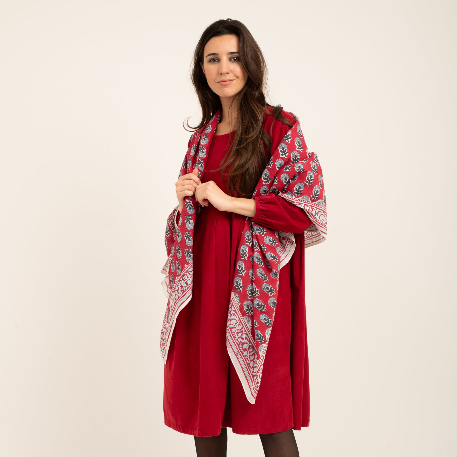 Large Scarf Sathi Organic Coton - Blockprint - Red RED