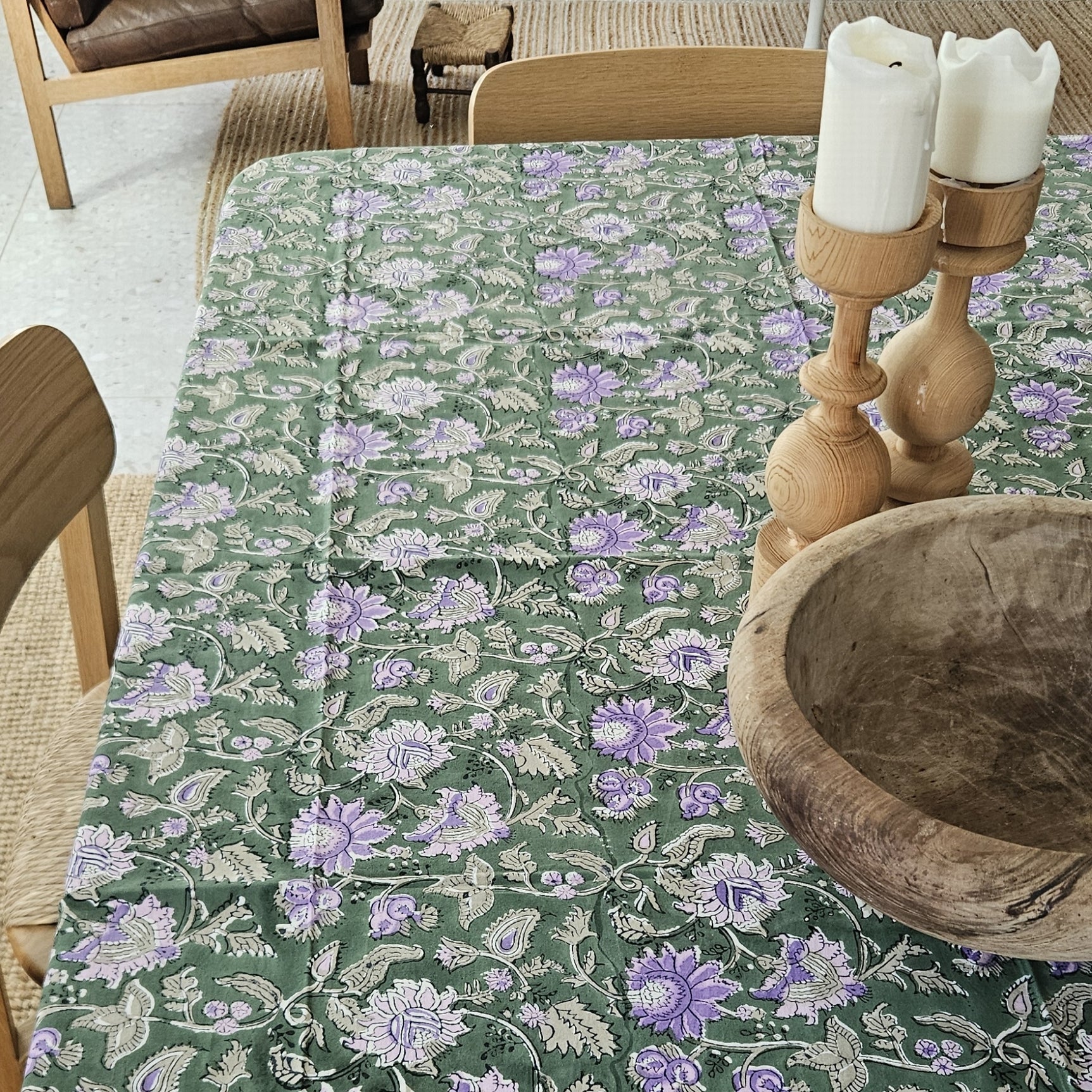 Table Cover Tara 150x250 100% Organic Cotton-blockprint - Green GREEN