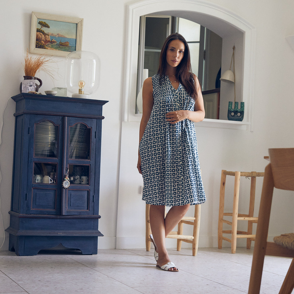 Robe ZEN ETHIC Taille 38 - Bleu Coton - Plastron Brodé - Manches Longues - Occasion Très Bon état