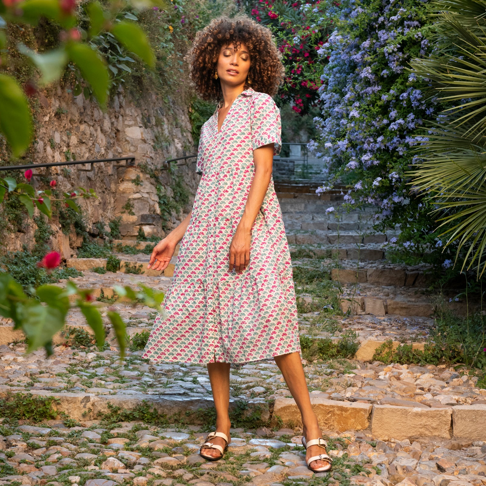 Emma Dress Garrigue 100% Organic Cotton - Green Pink GREEN PINK