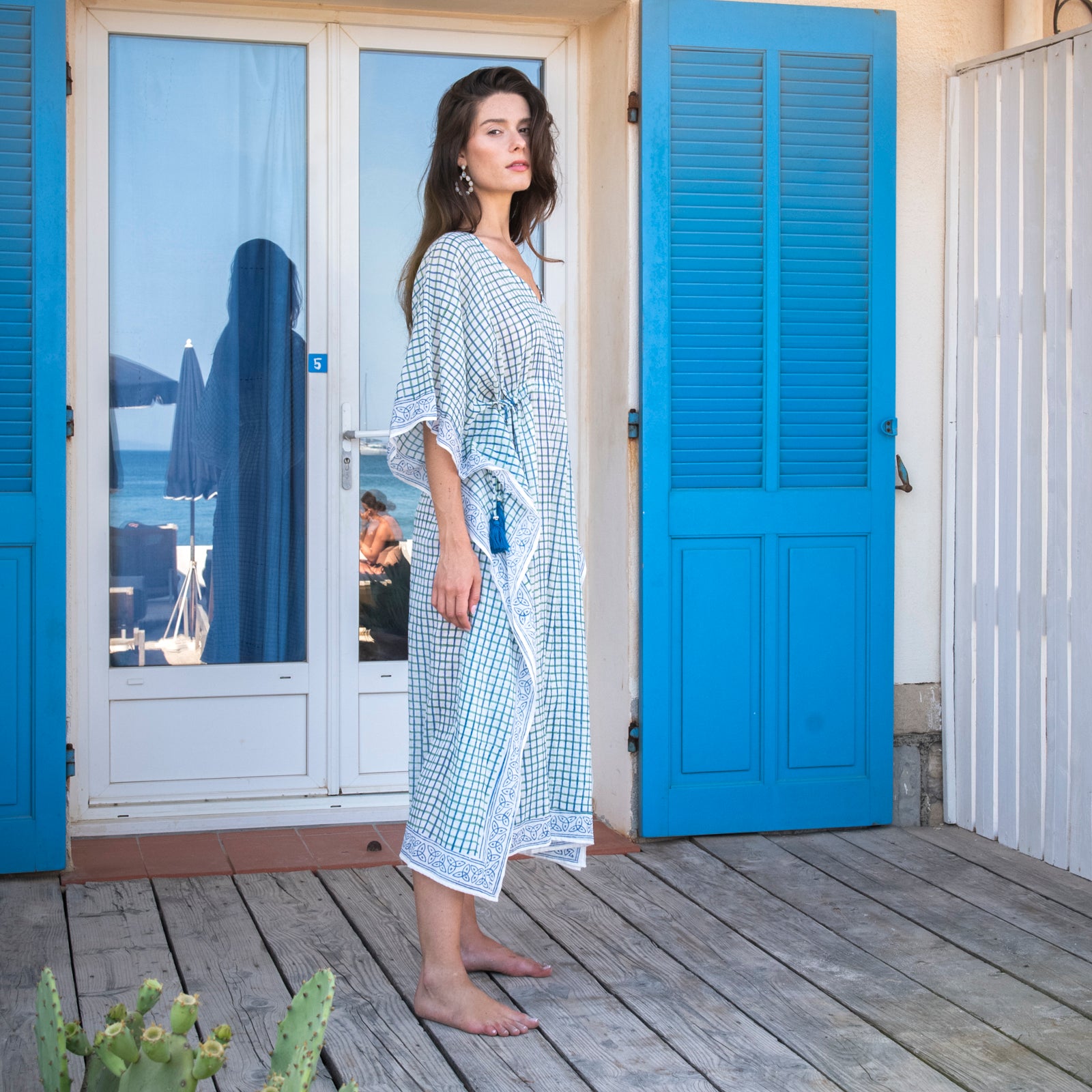 Long Caftan Croisette 100% Organic Cotton - Blue Green BLUE GREEN