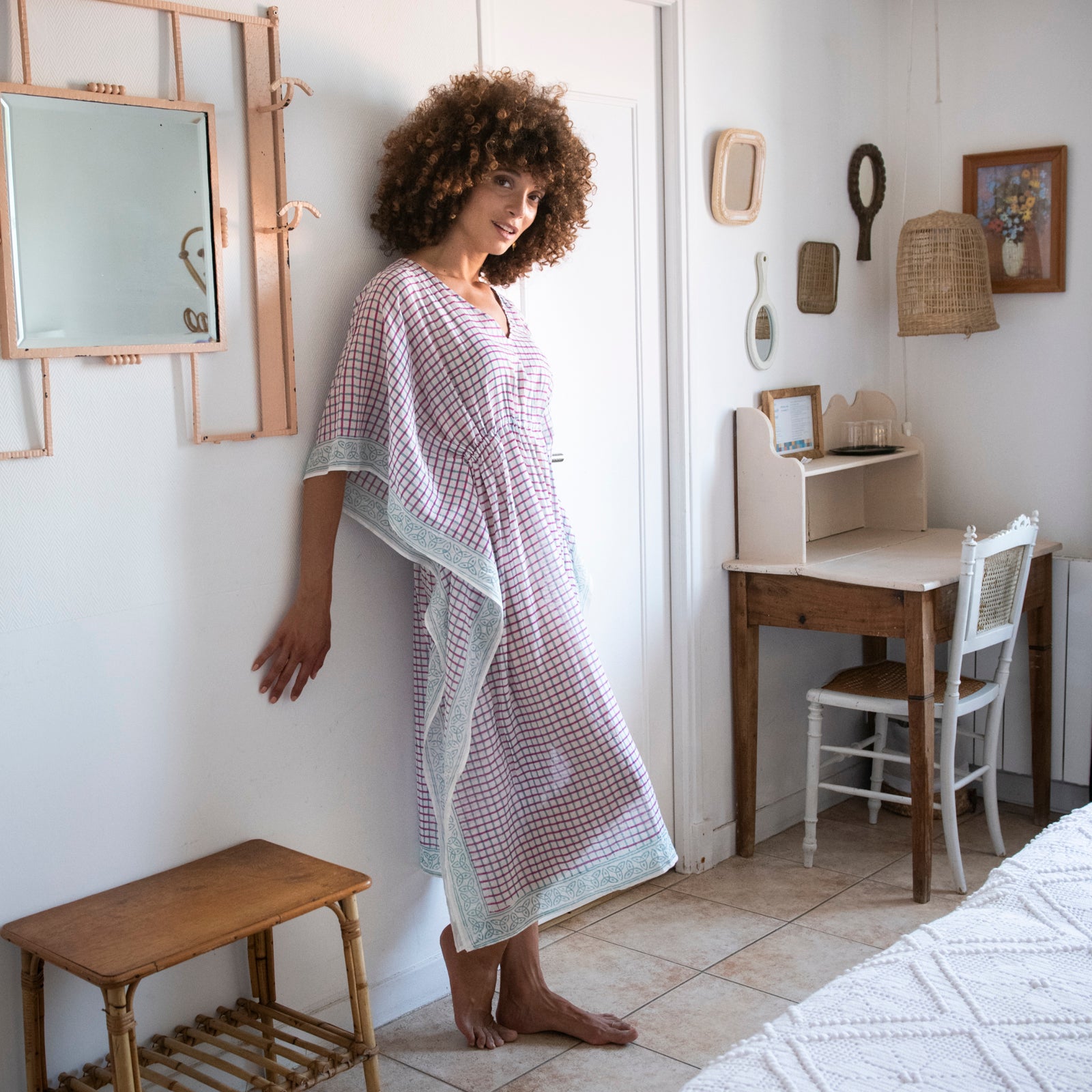 Long Caftan Croisette 100% Organic Cotton - Green Pink GREEN PINK