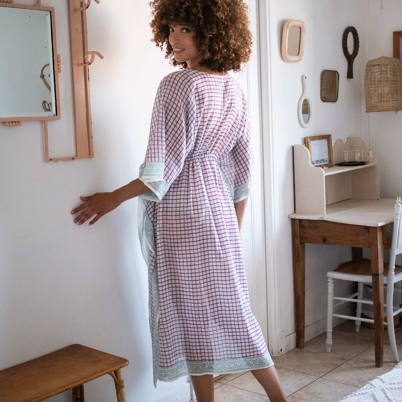 Long Caftan Croisette 100% Organic Cotton - Green Pink GREEN PINK