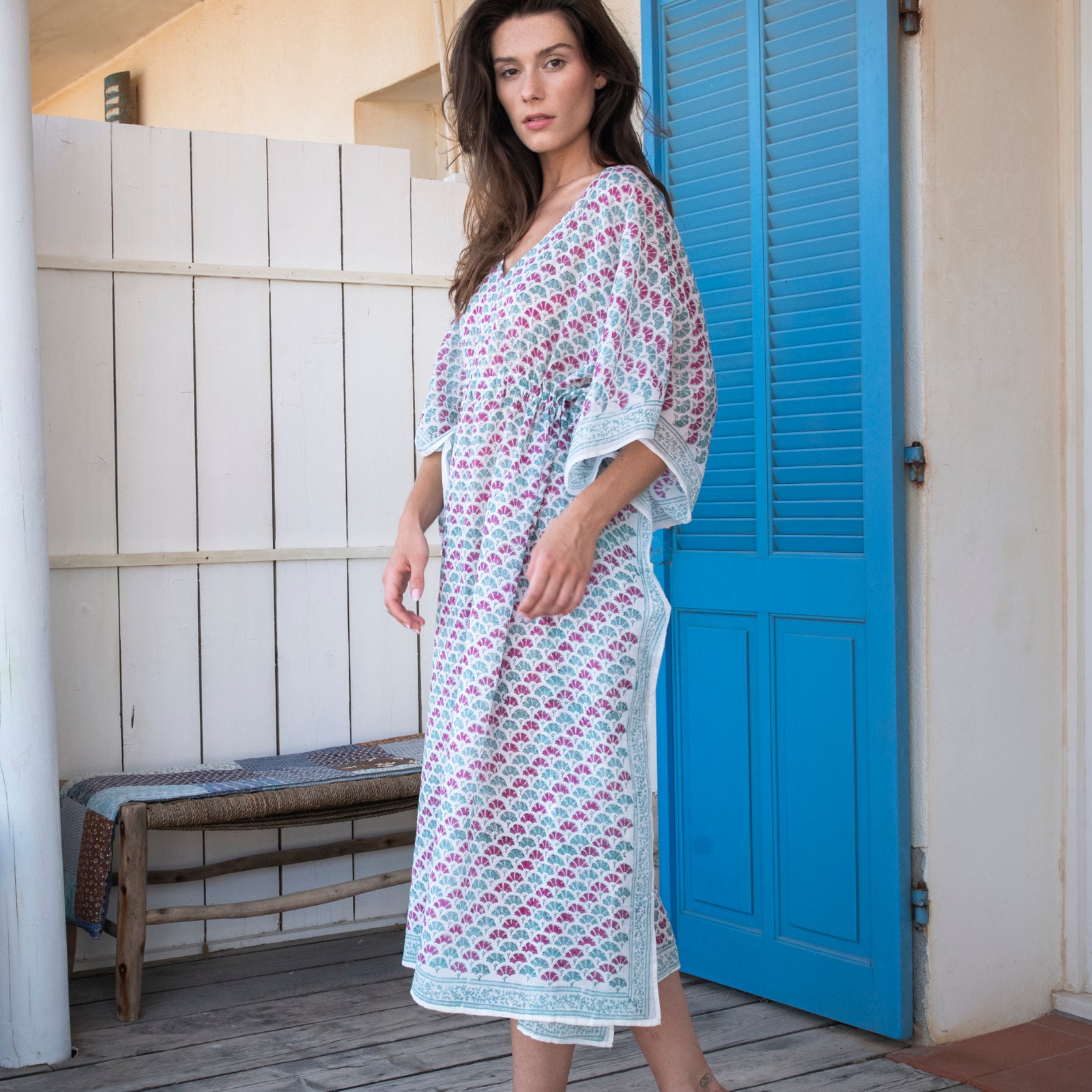 Long Caftan Garrigue 100% Organic Cotton - Green Pink GREEN PINK