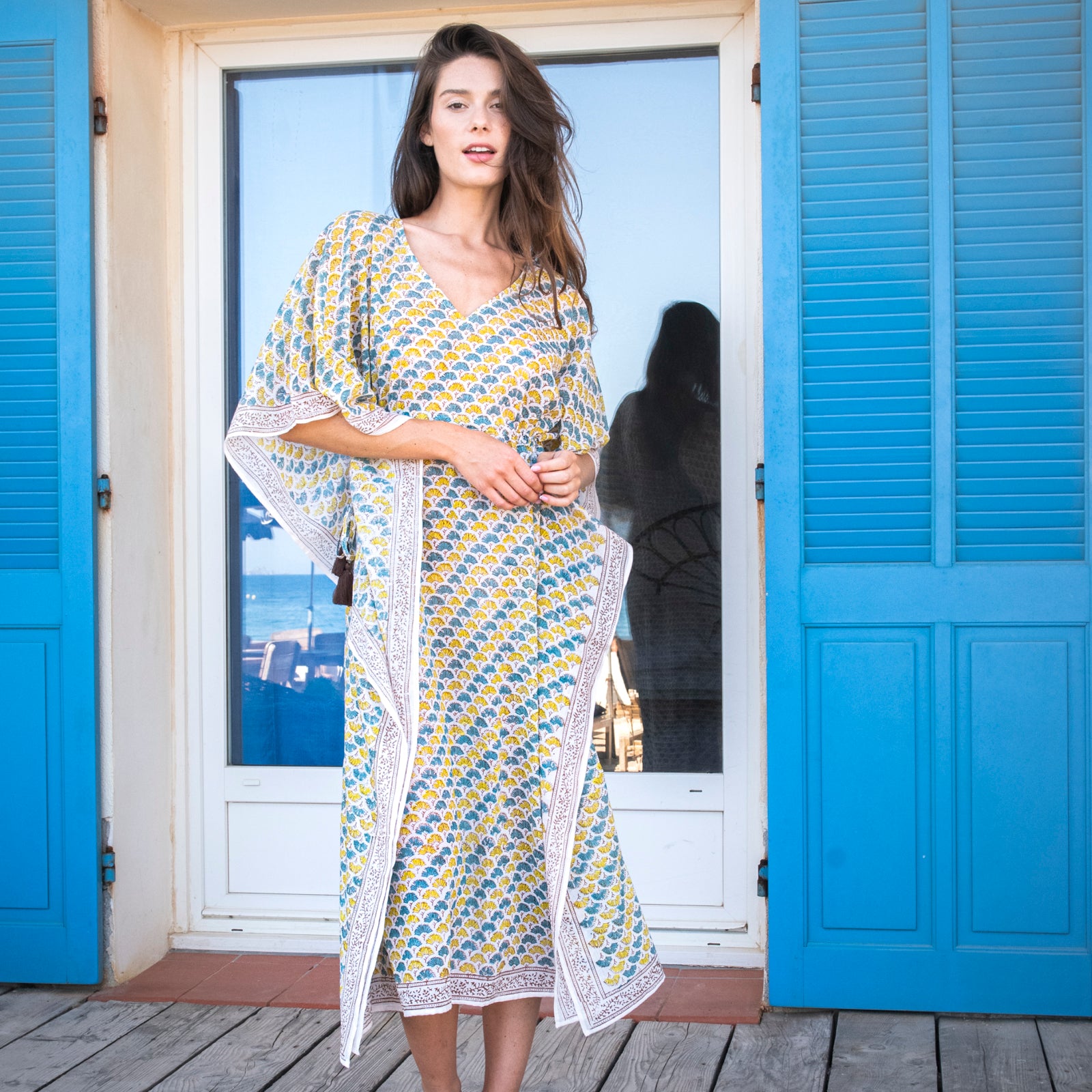 Long Caftan Garrigue 100% Organic Cotton - Lime Blue LIME BLUE