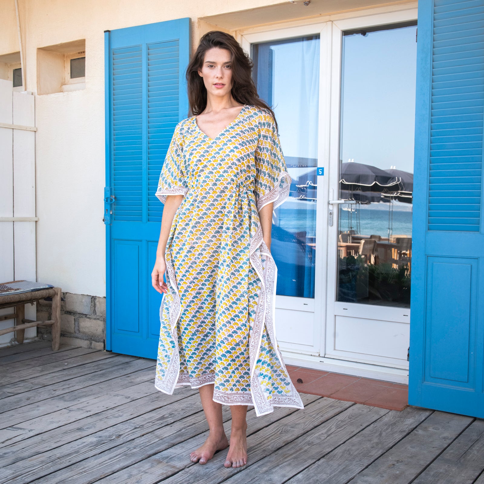 Long Caftan Garrigue 100% Organic Cotton - Lime Blue LIME BLUE