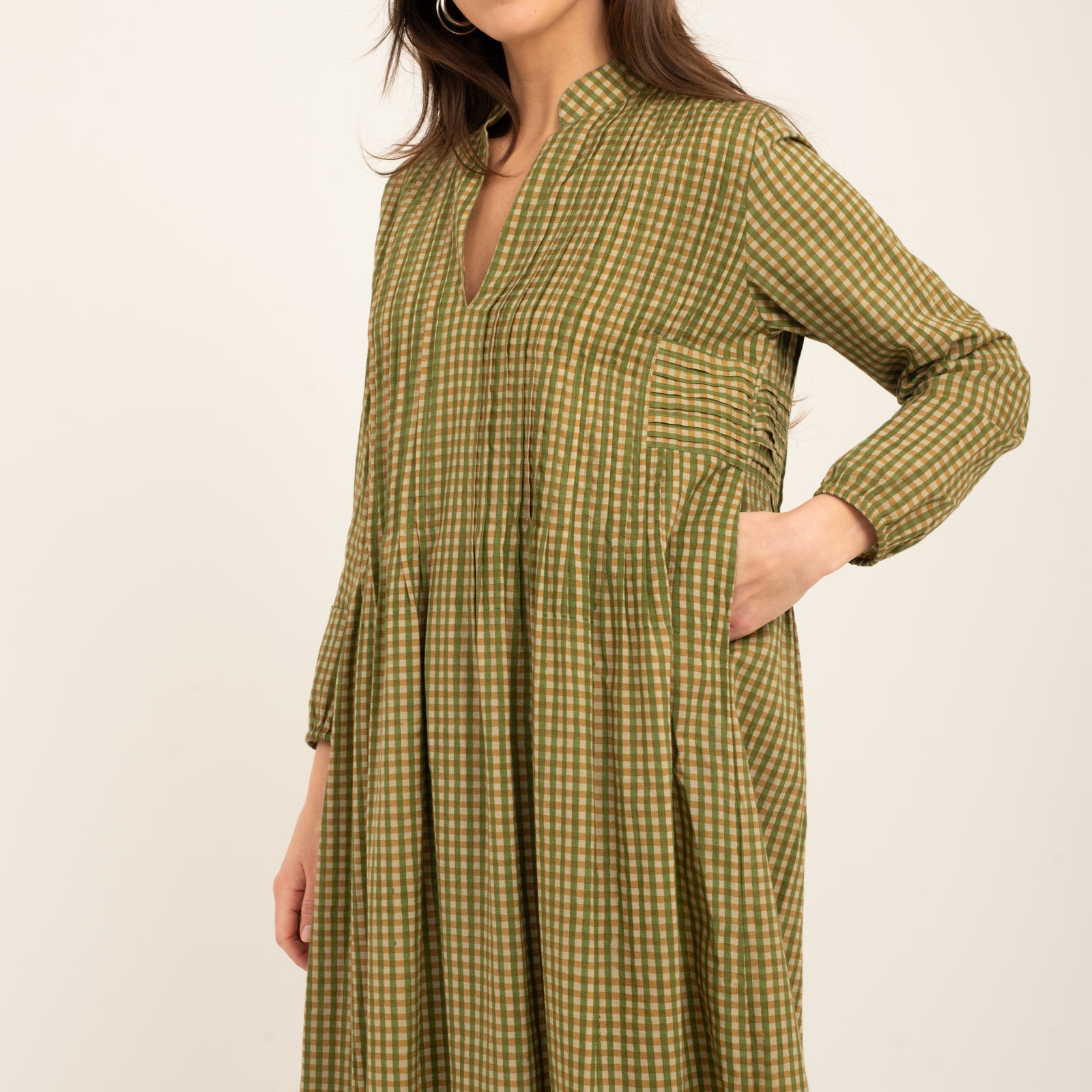Marie Dress Block Print 100% Organic Cotton - Kakhi Check KAKHI CHECK