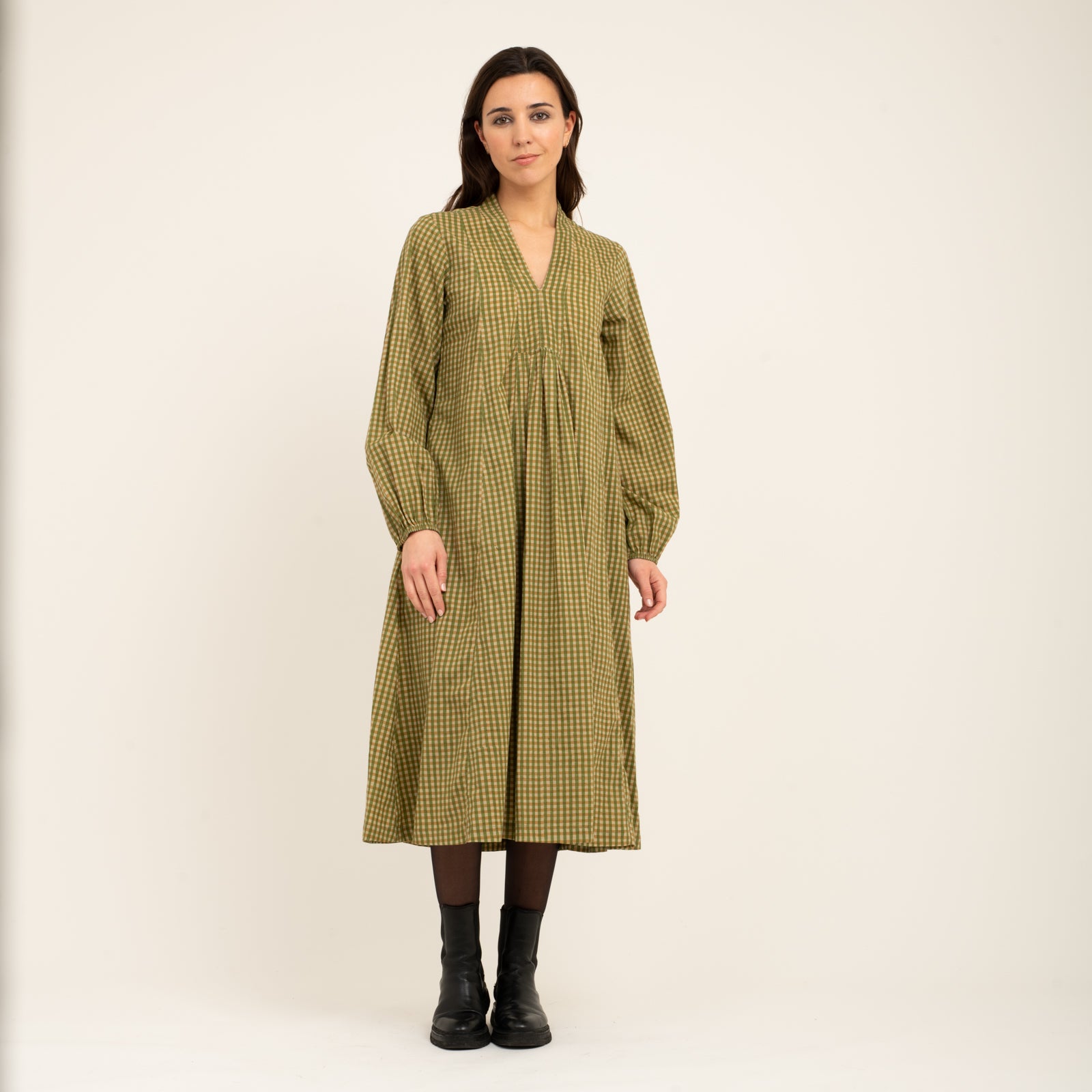 Mia Dress Block Print 100% Organic Cotton - Kakhi Check KAKHI CHECK