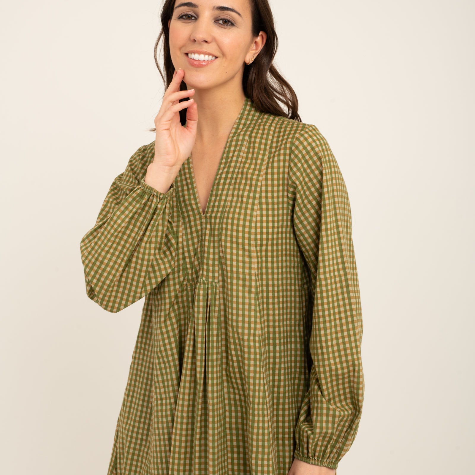 Mia Dress Block Print 100% Organic Cotton - Kakhi Check KAKHI CHECK