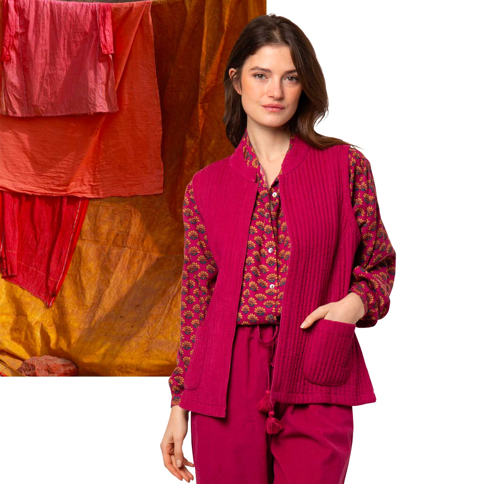 Gilet Nehru, velours 100% Coton - Rose