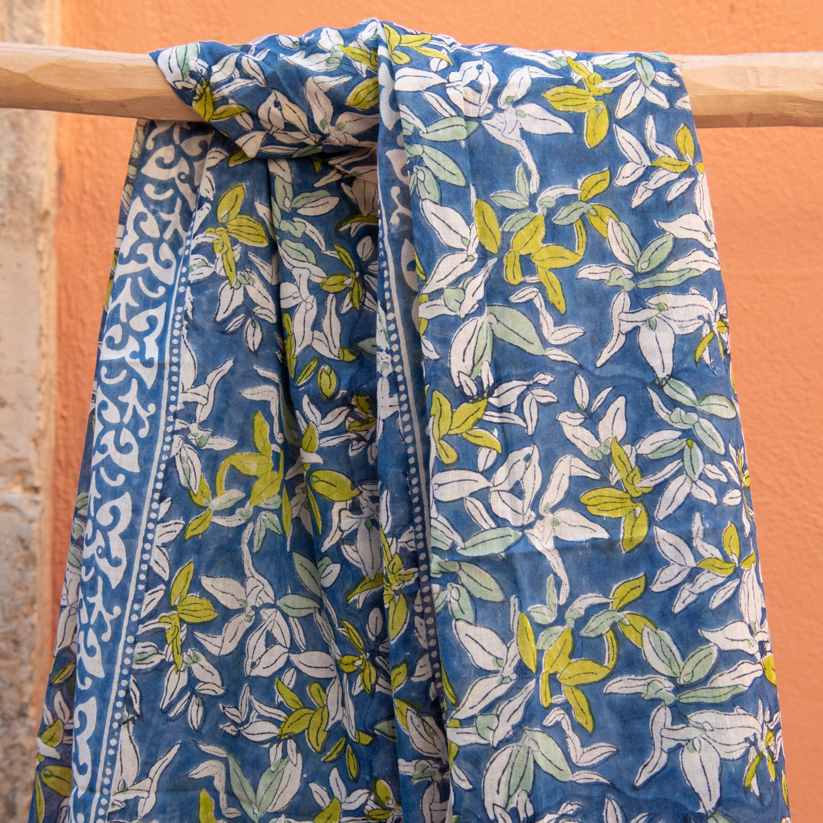 Large Scarf / Sarong Figuieres Organic Coton - Blockprint - Blue BLUE
