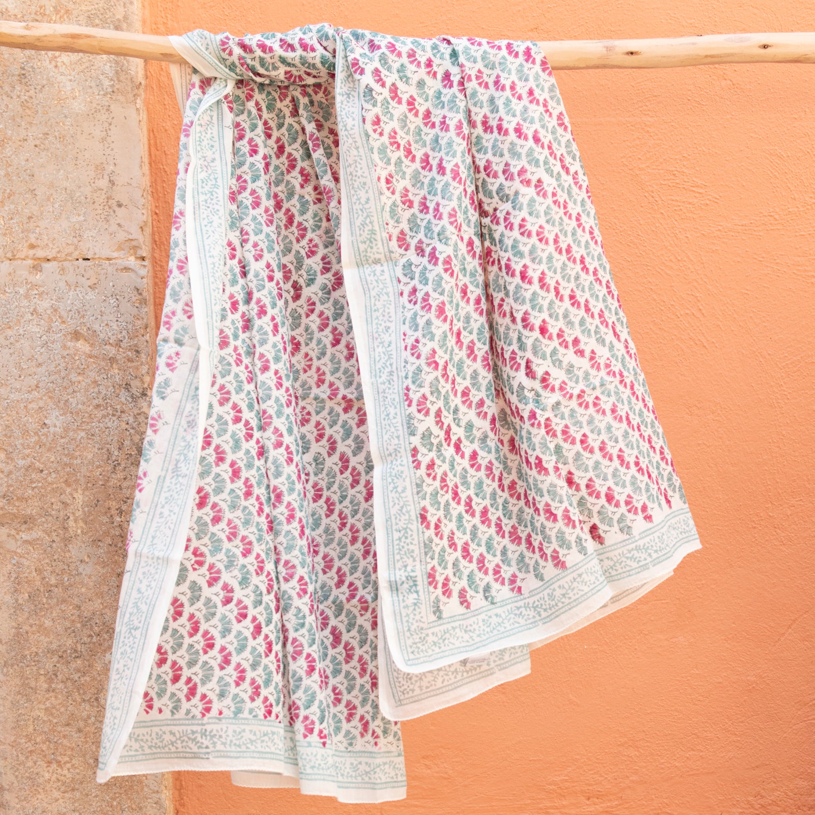 Large Scarf / Sarong Garrigue Organic Coton - Blockprint - Green Pink GREEN PINK