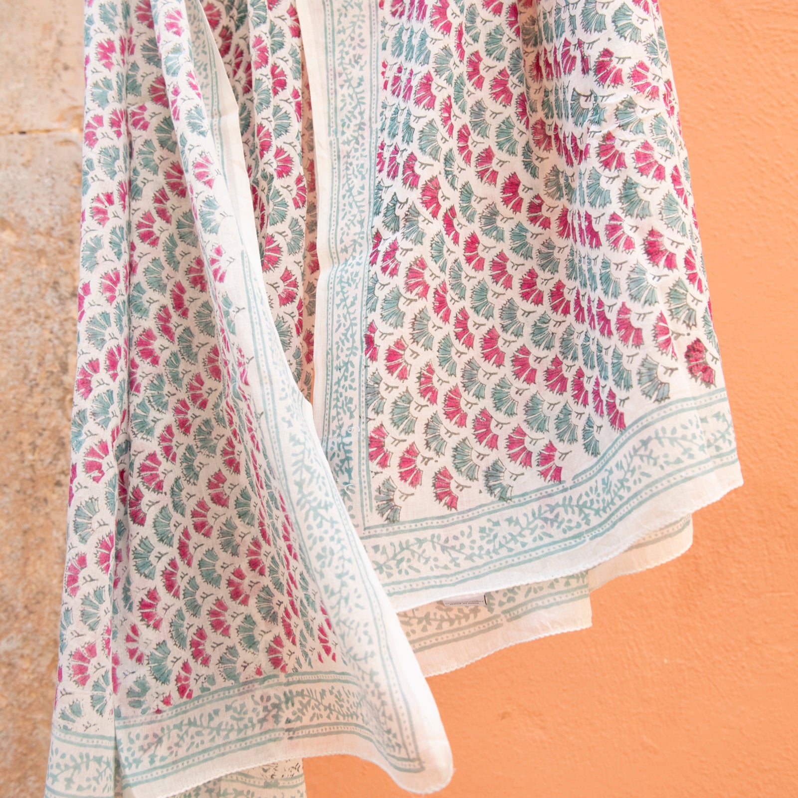 Large Scarf / Sarong Garrigue Organic Coton - Blockprint - Green Pink GREEN PINK