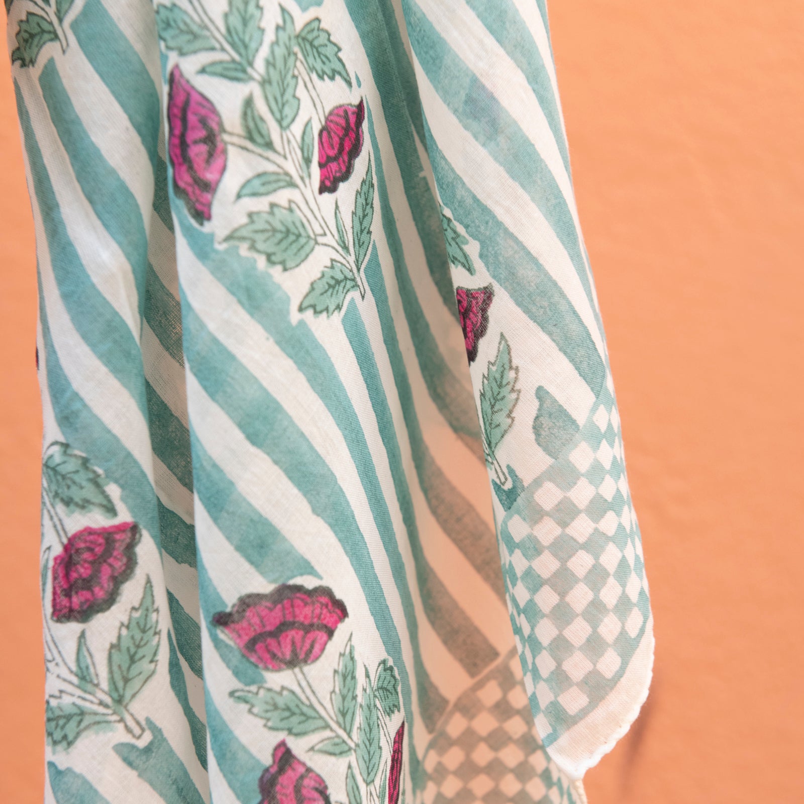 Square Scarf Beaulieu Organic Coton - Blockprint - Green GREEN