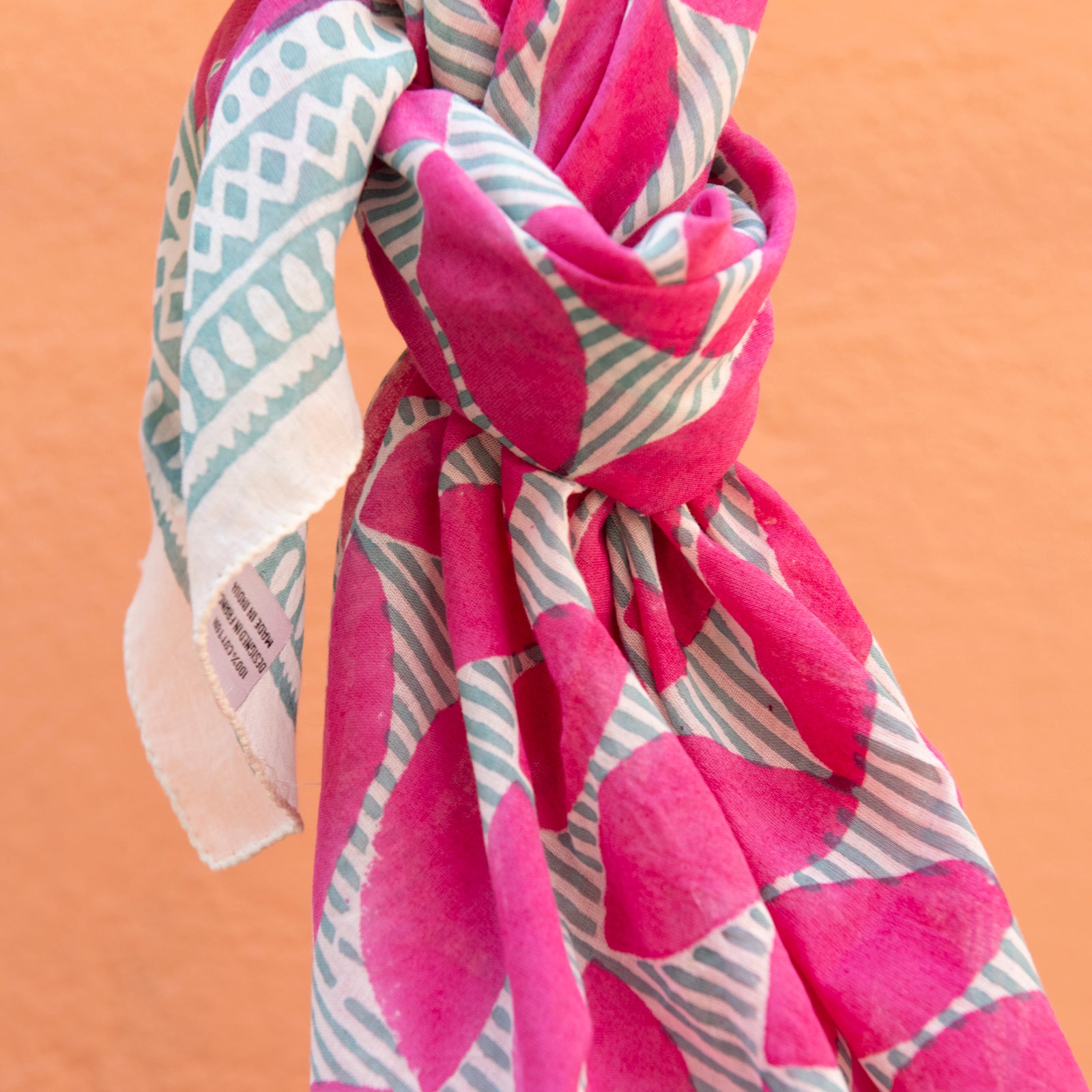 Square Scarf Cap Estel Organic Coton - Blockprint - Pink PINK