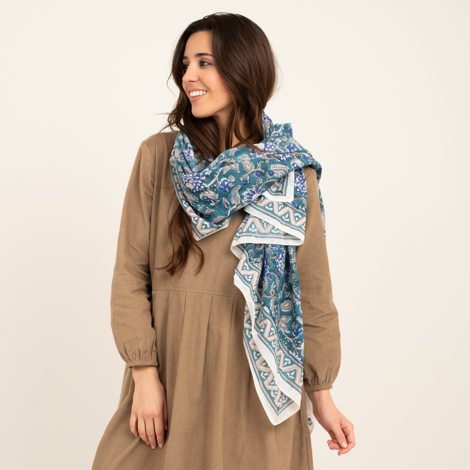 Large Scarf Tara Organic Coton - Blockprint - Blue BLUE