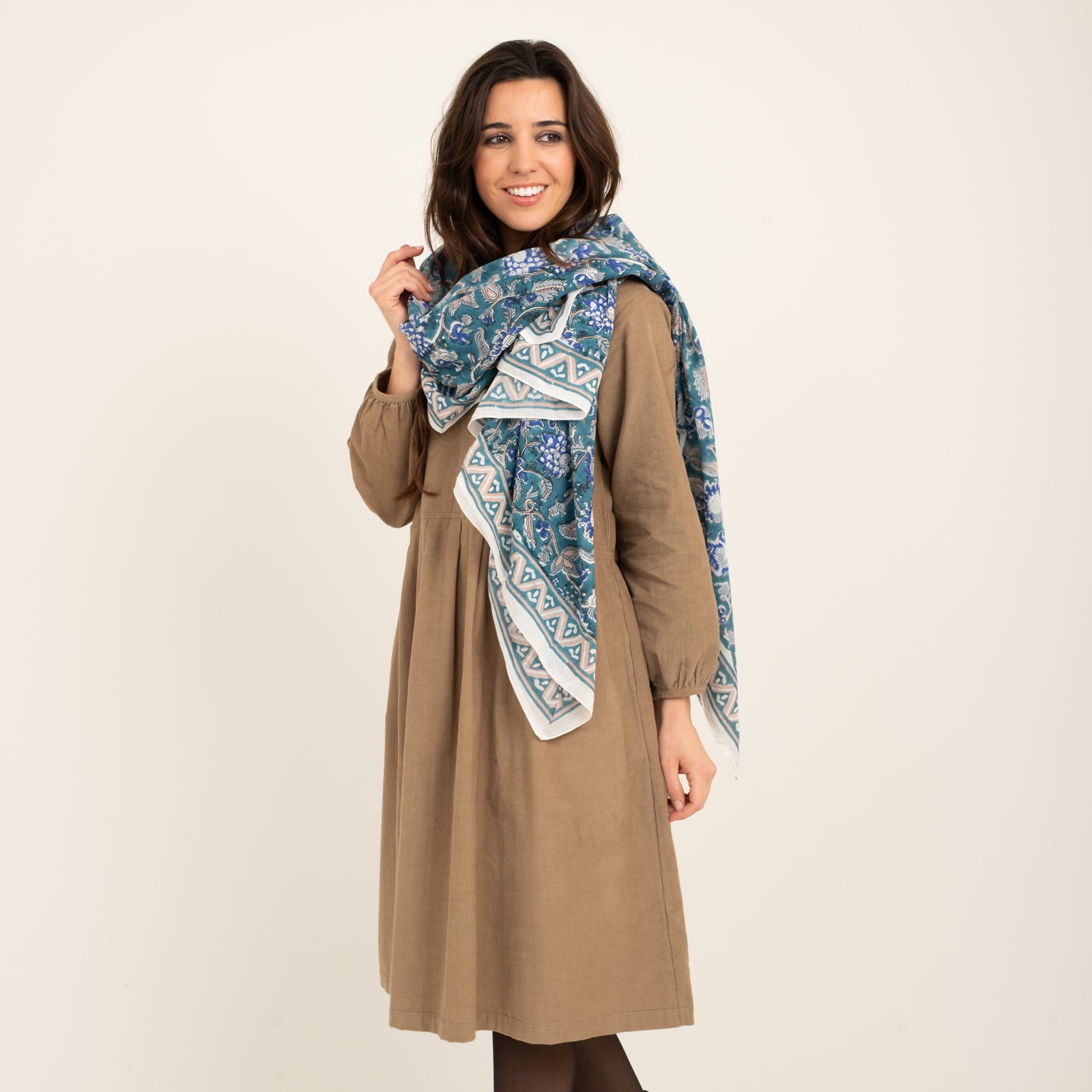 Large Scarf Tara Organic Coton - Blockprint - Blue BLUE