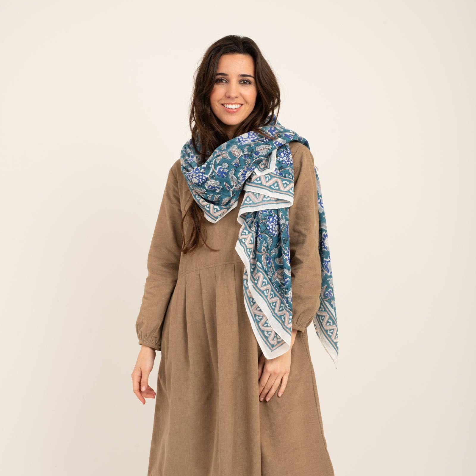 Large Scarf Tara Organic Coton - Blockprint - Blue BLUE