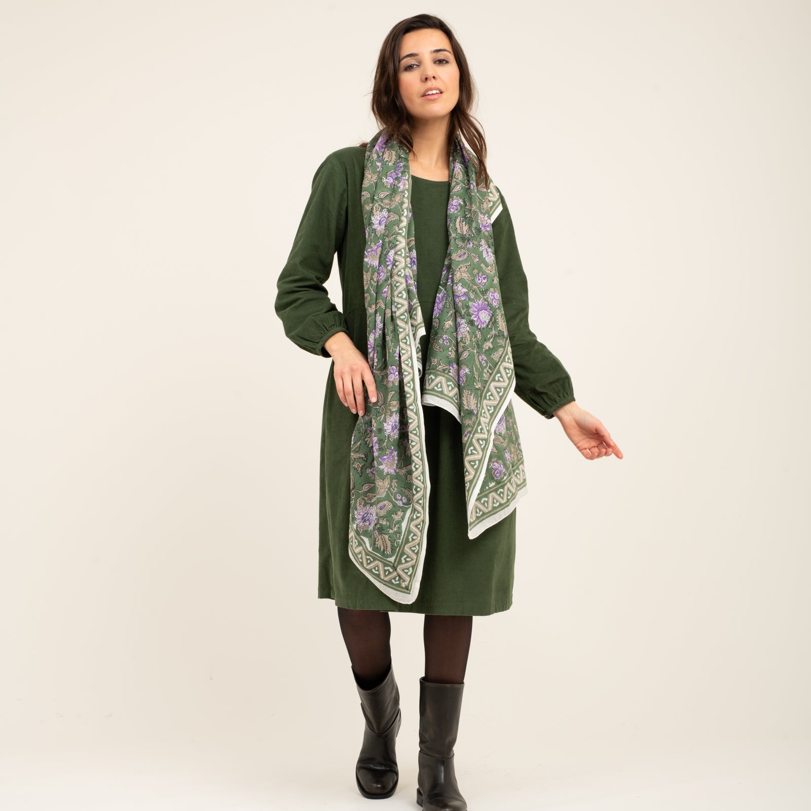 Large Scarf Tara Organic Coton - Blockprint - Green GREEN