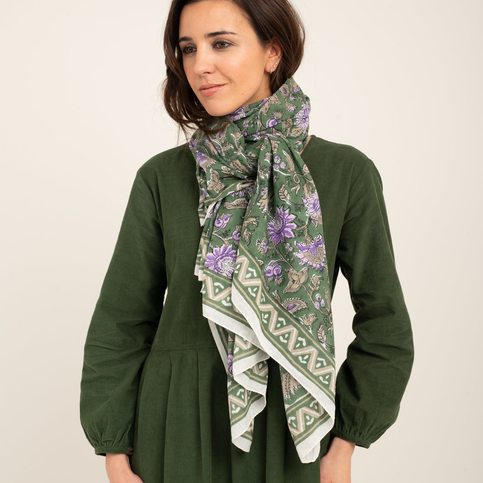 Large Scarf Tara Organic Coton - Blockprint - Green GREEN