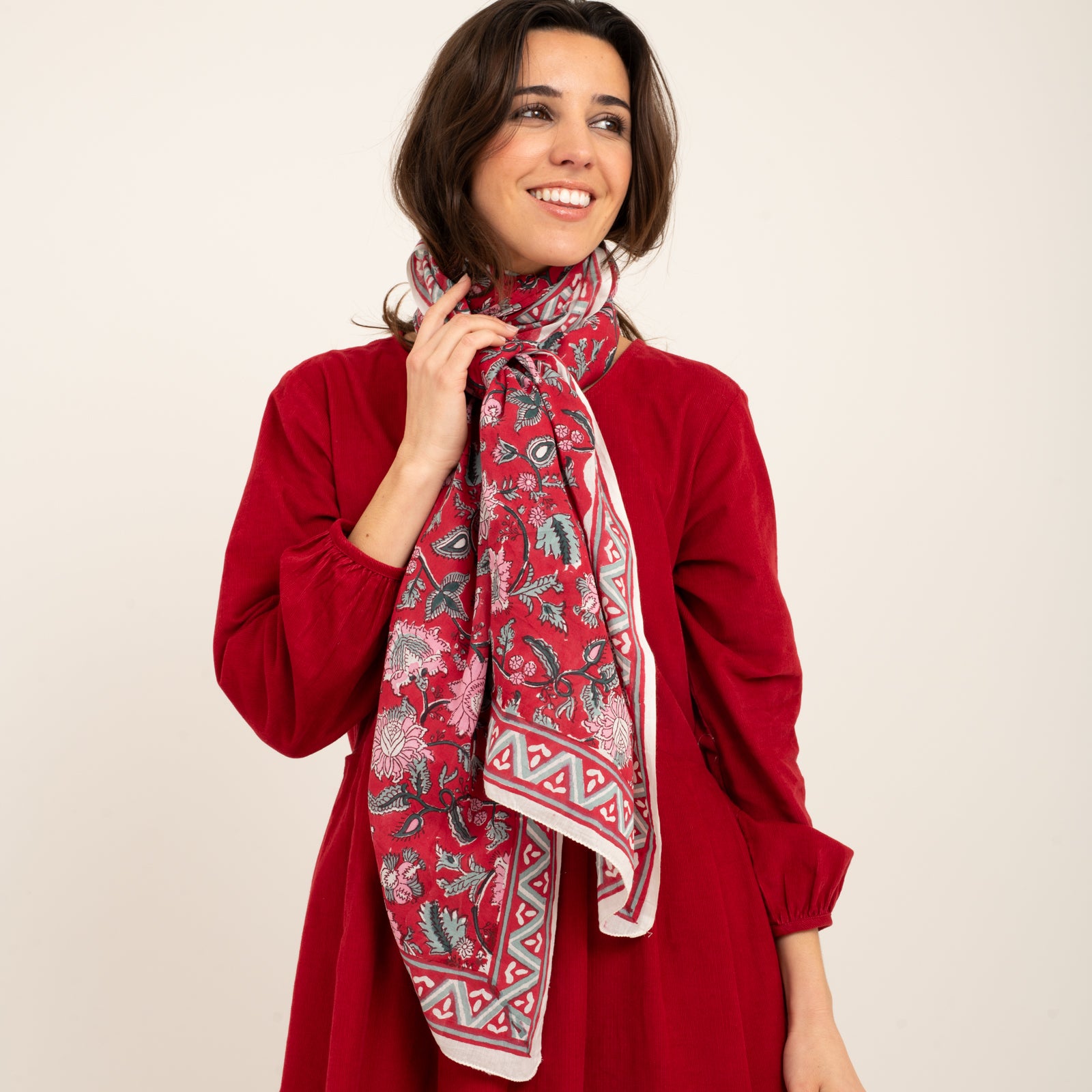 Large Scarf Tara Organic Coton - Blockprint - Red RED