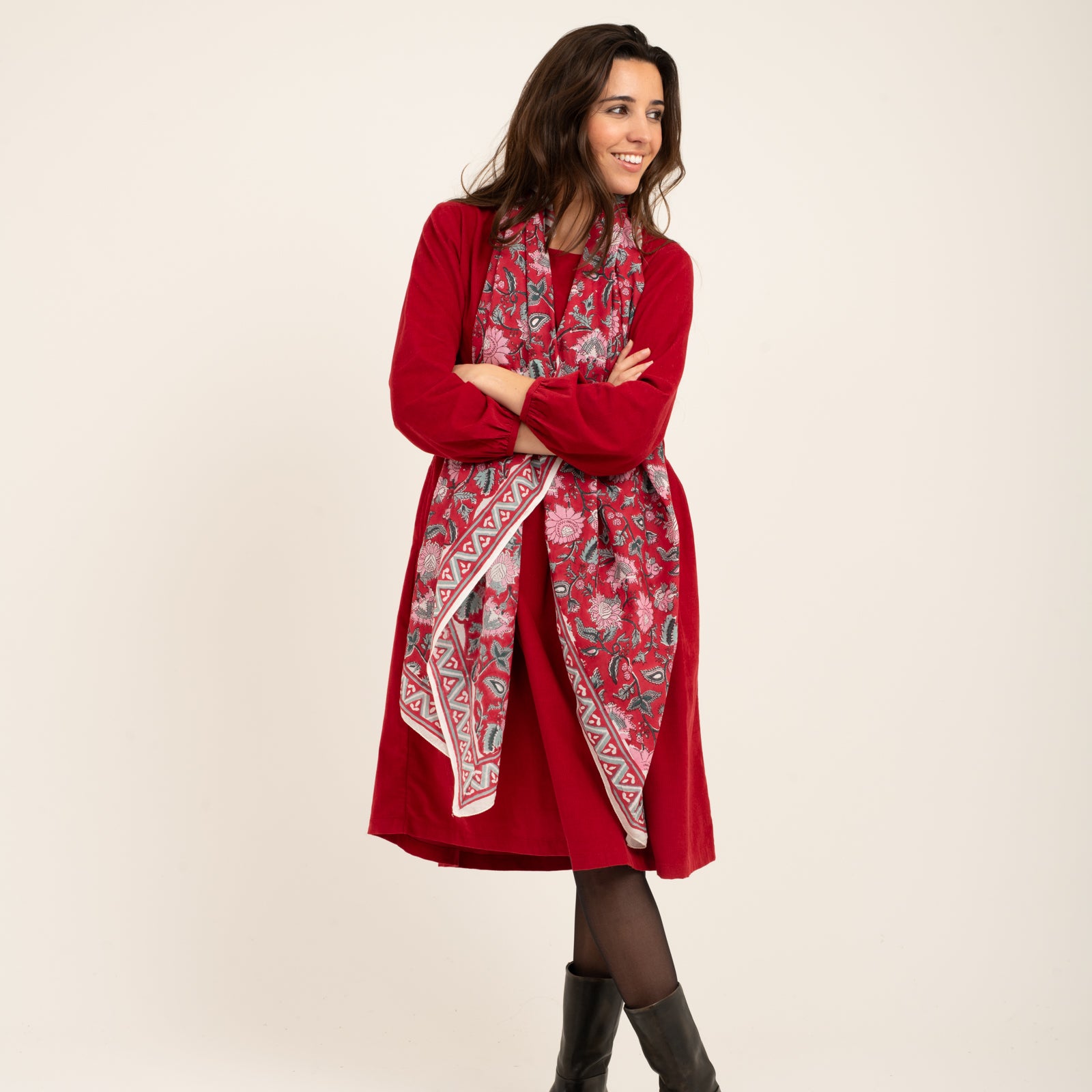 Large Scarf Tara Organic Coton - Blockprint - Red RED