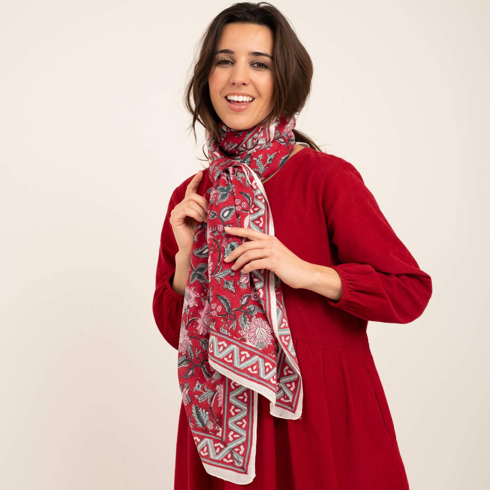 Large Scarf Tara Organic Coton - Blockprint - Red RED