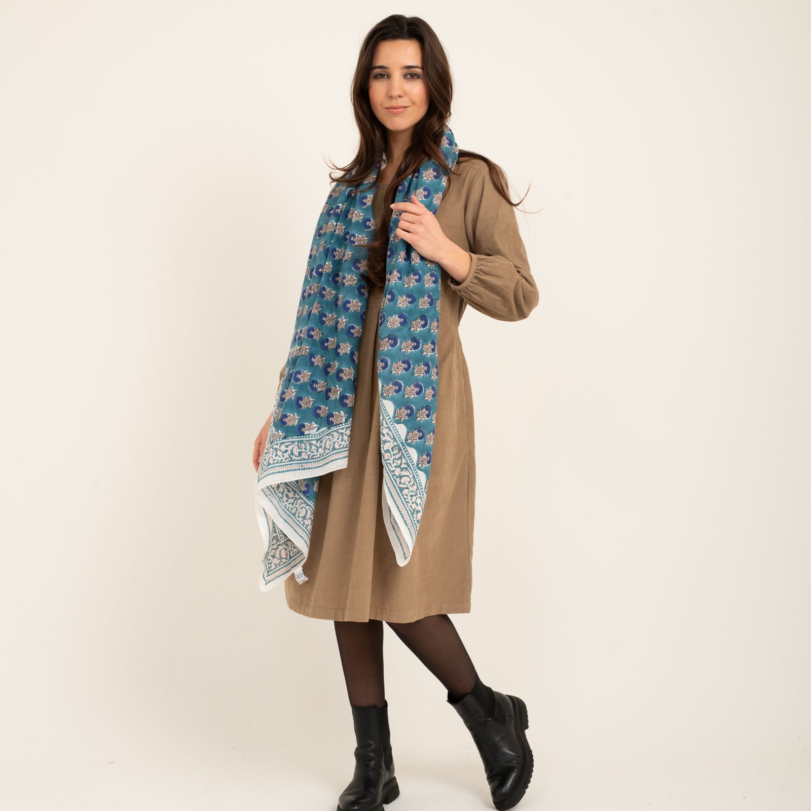 Large Scarf Sathi Organic Coton - Blockprint - Blue BLUE