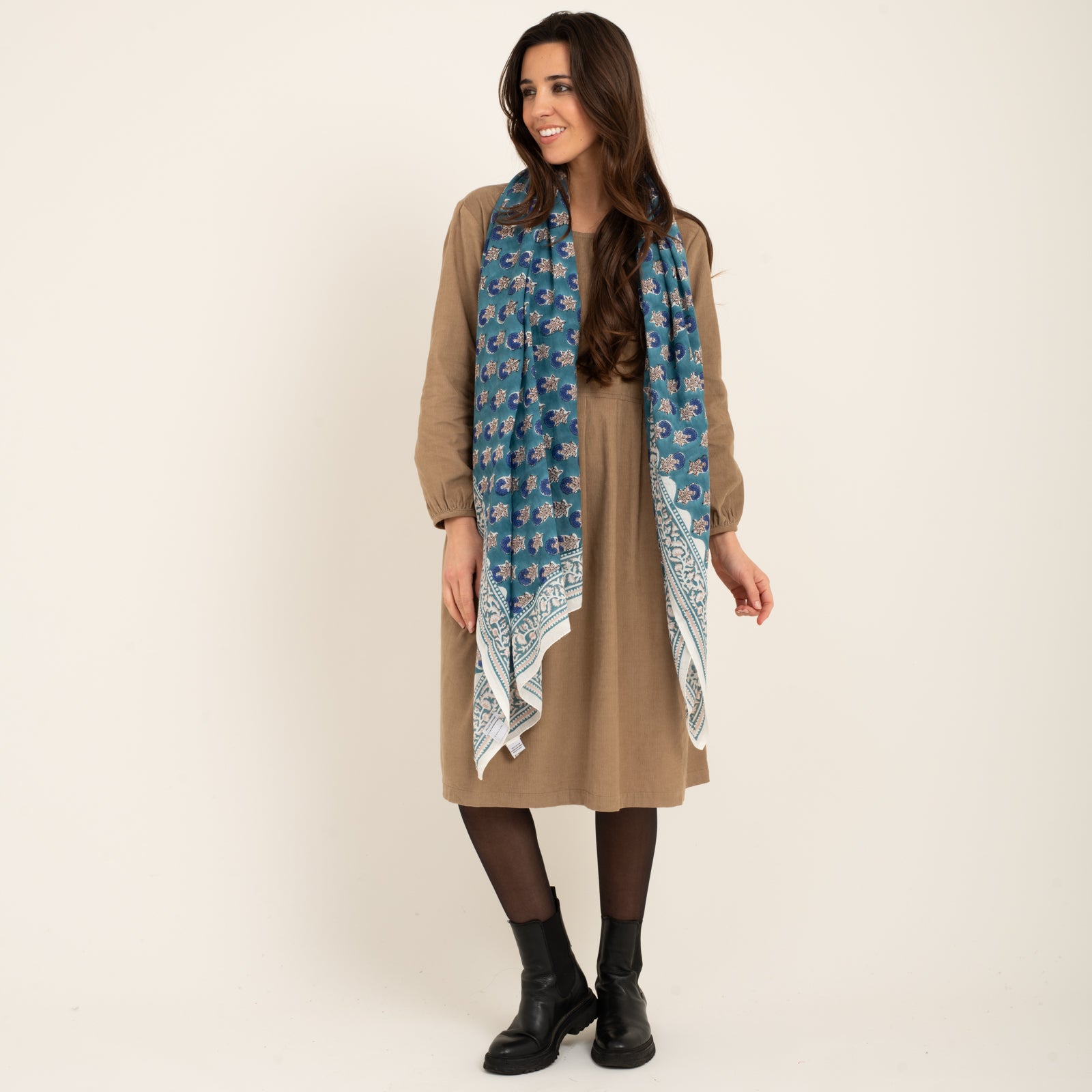 Large Scarf Sathi Organic Coton - Blockprint - Blue BLUE